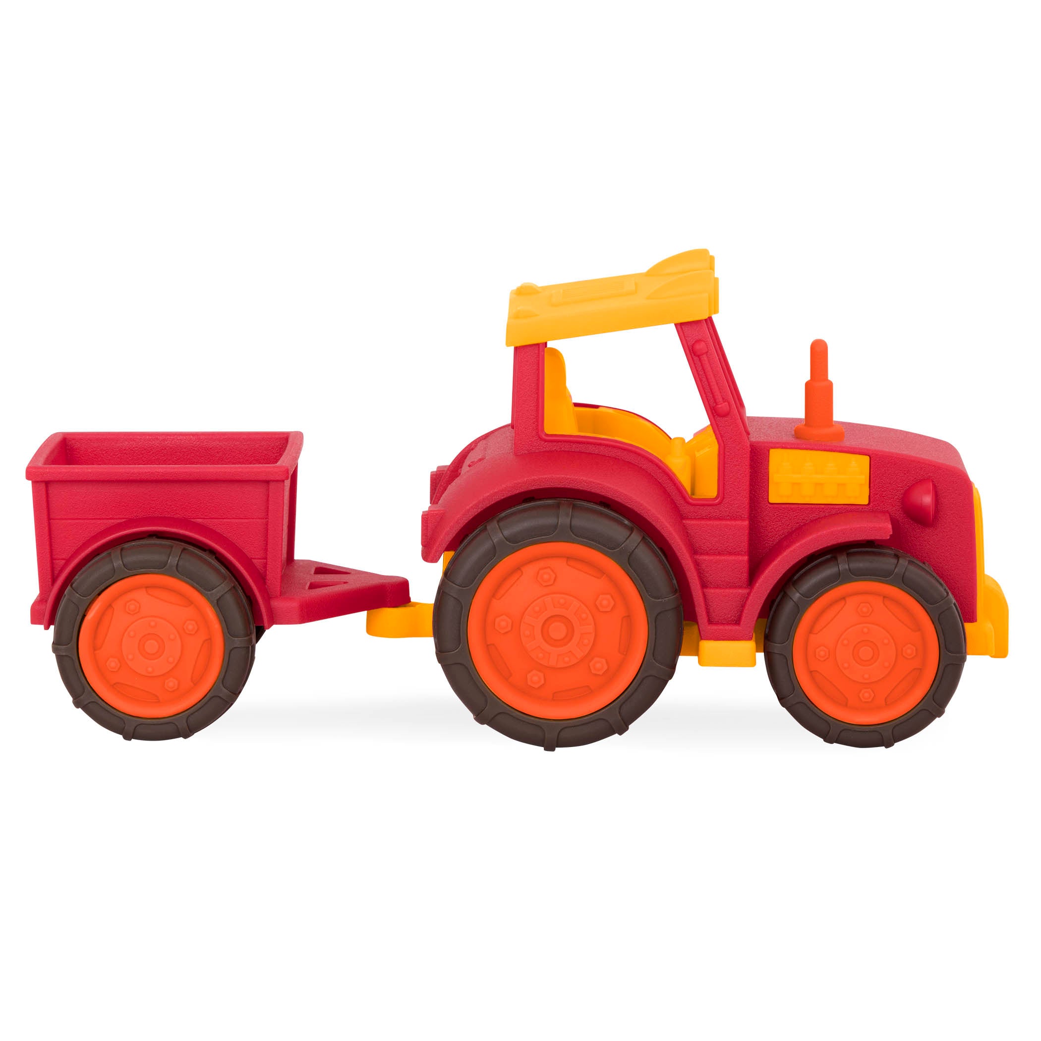 A red tractor toy with a detachable trailer.