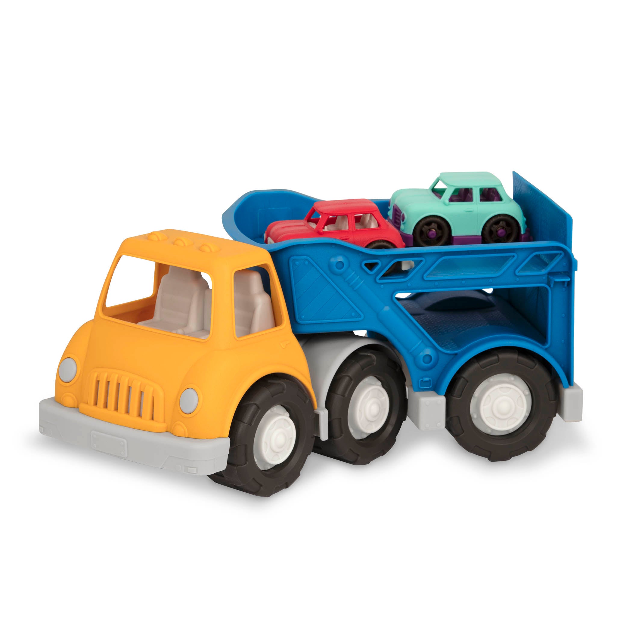 A yellow and blue car carrier truck with 2 toy cars aboard.