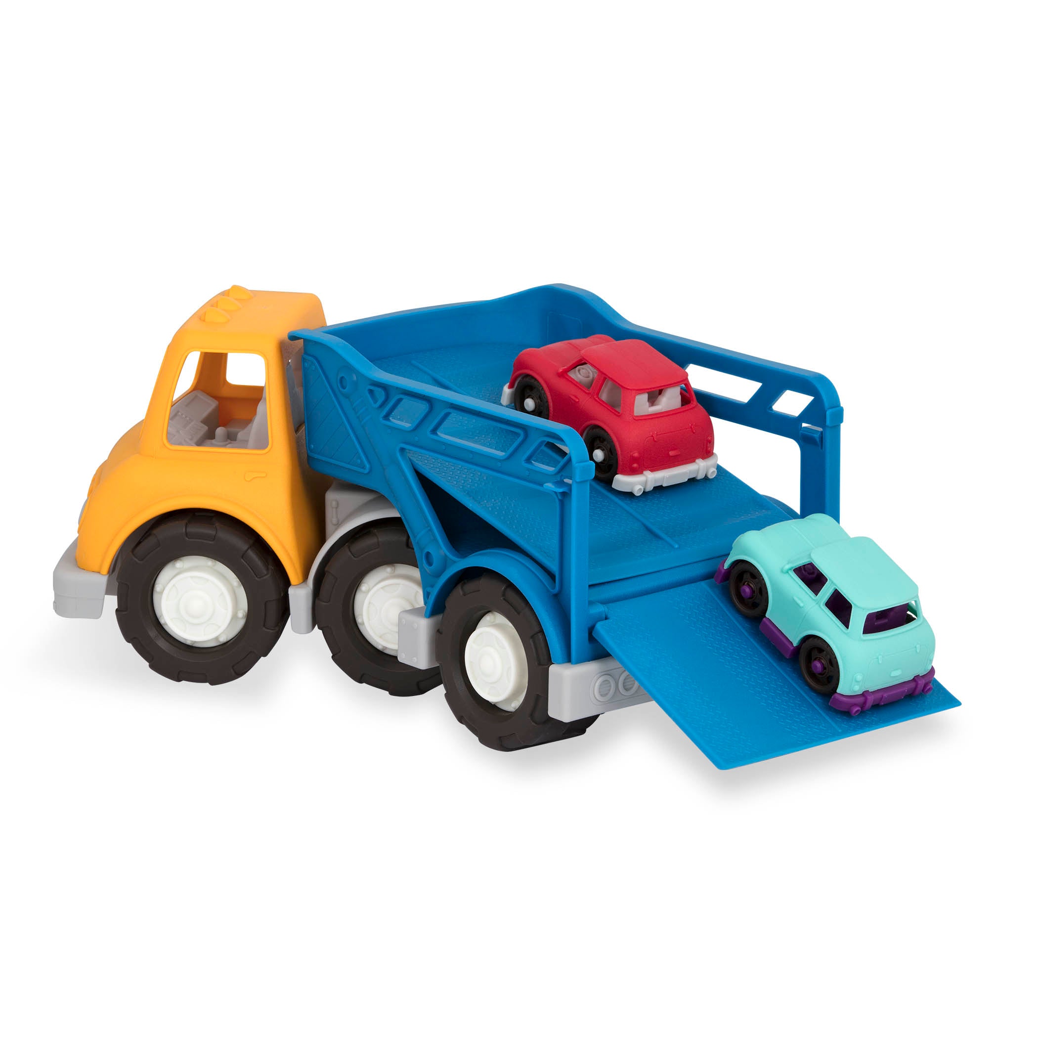 A yellow and blue car carrier truck with 2 toy cars aboard.
