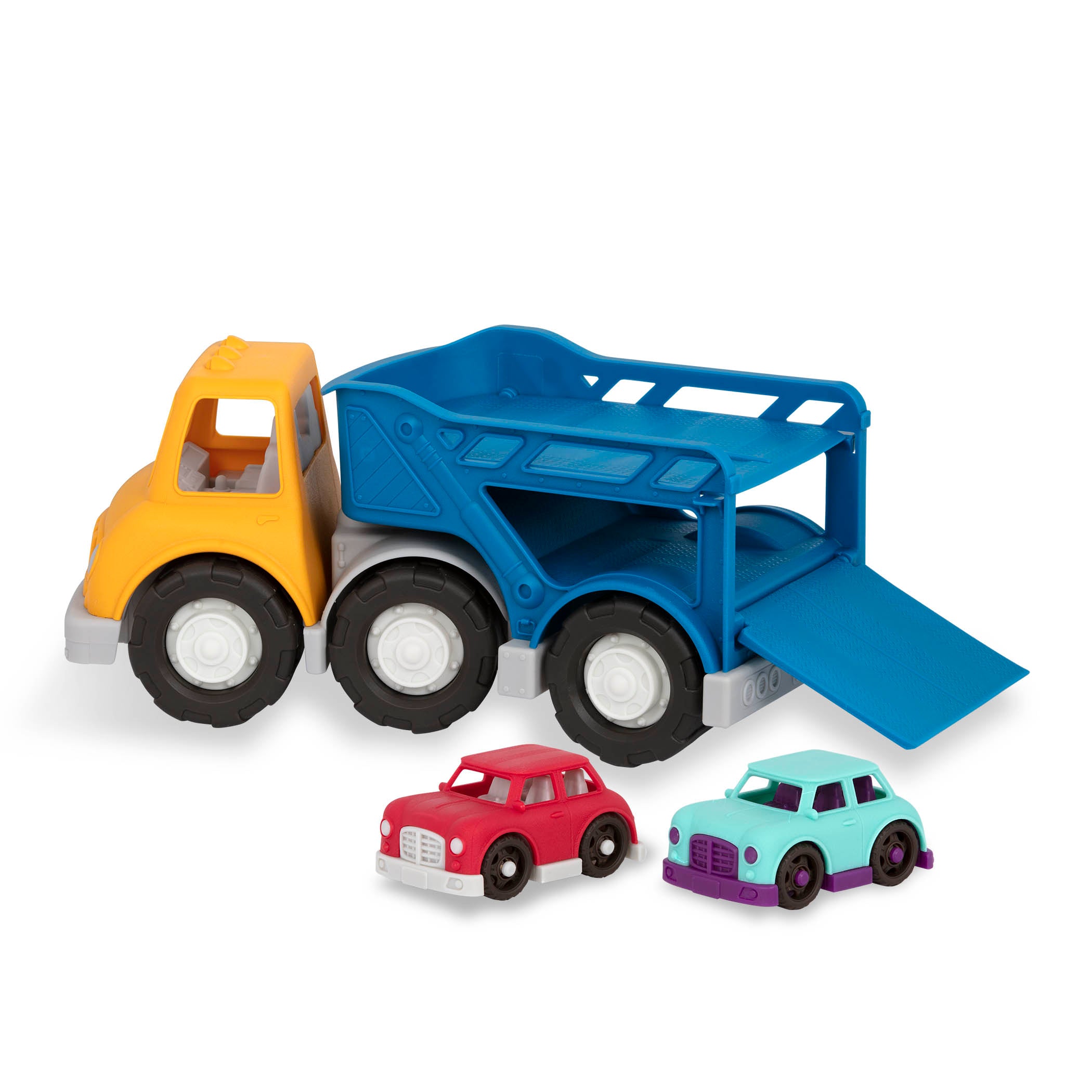 A yellow and blue car carrier truck with 2 toy cars aboard.