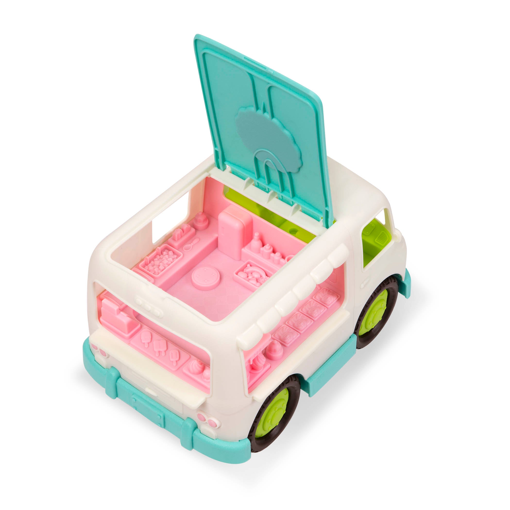 A toy ice cream truck with a pretend scoop of ice cream on the roof.