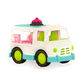 A toy ice cream truck with a pretend scoop of ice cream on the roof.