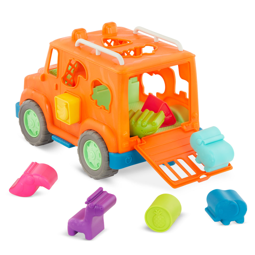 An orange toy truck with shapes to sort.