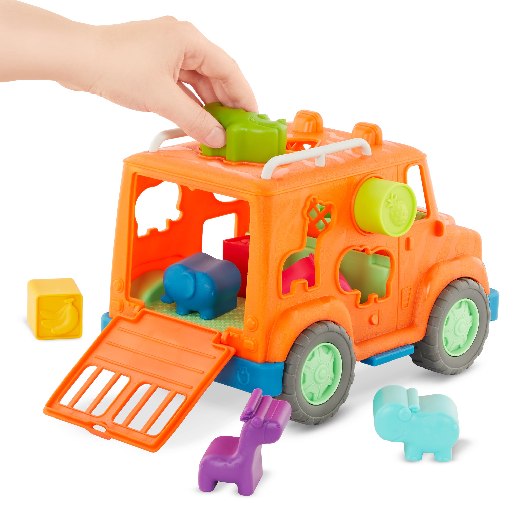An orange toy truck with shapes to sort.