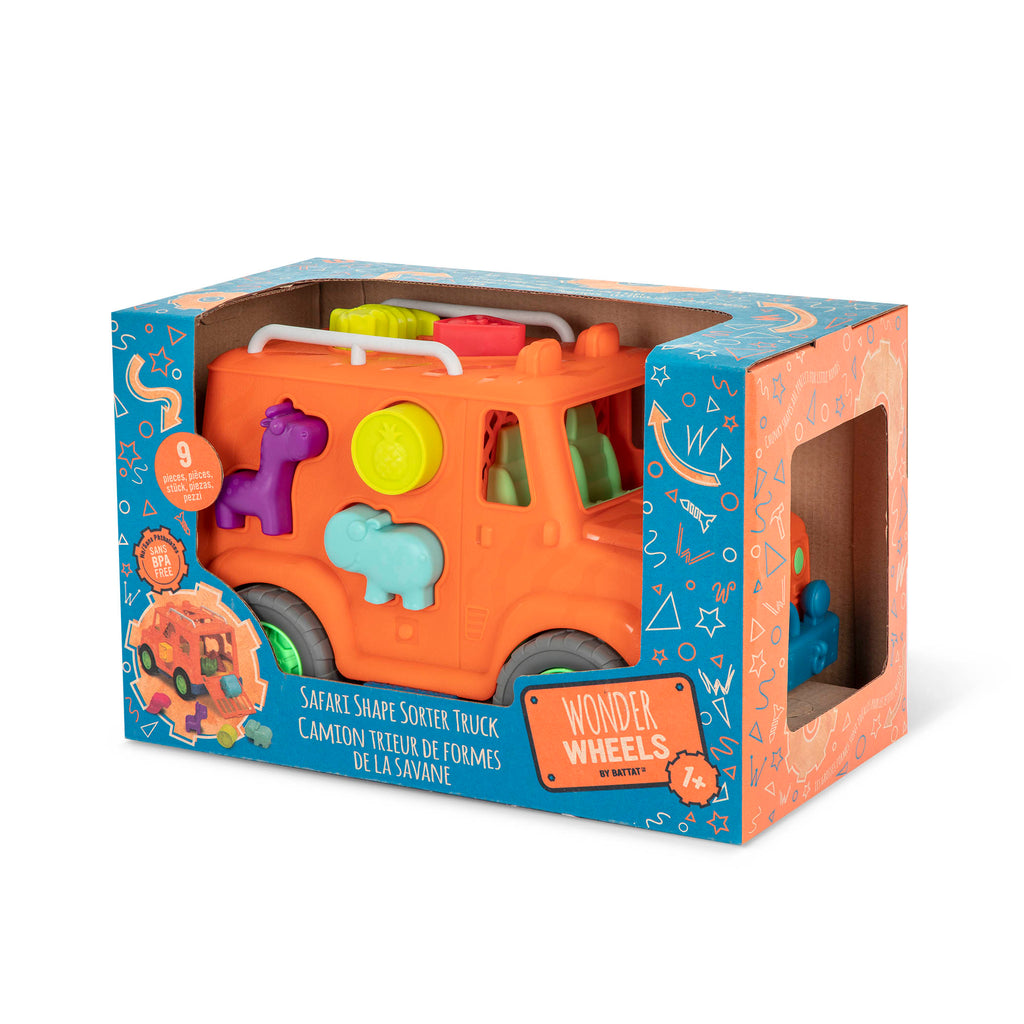 An orange toy truck with shapes to sort.