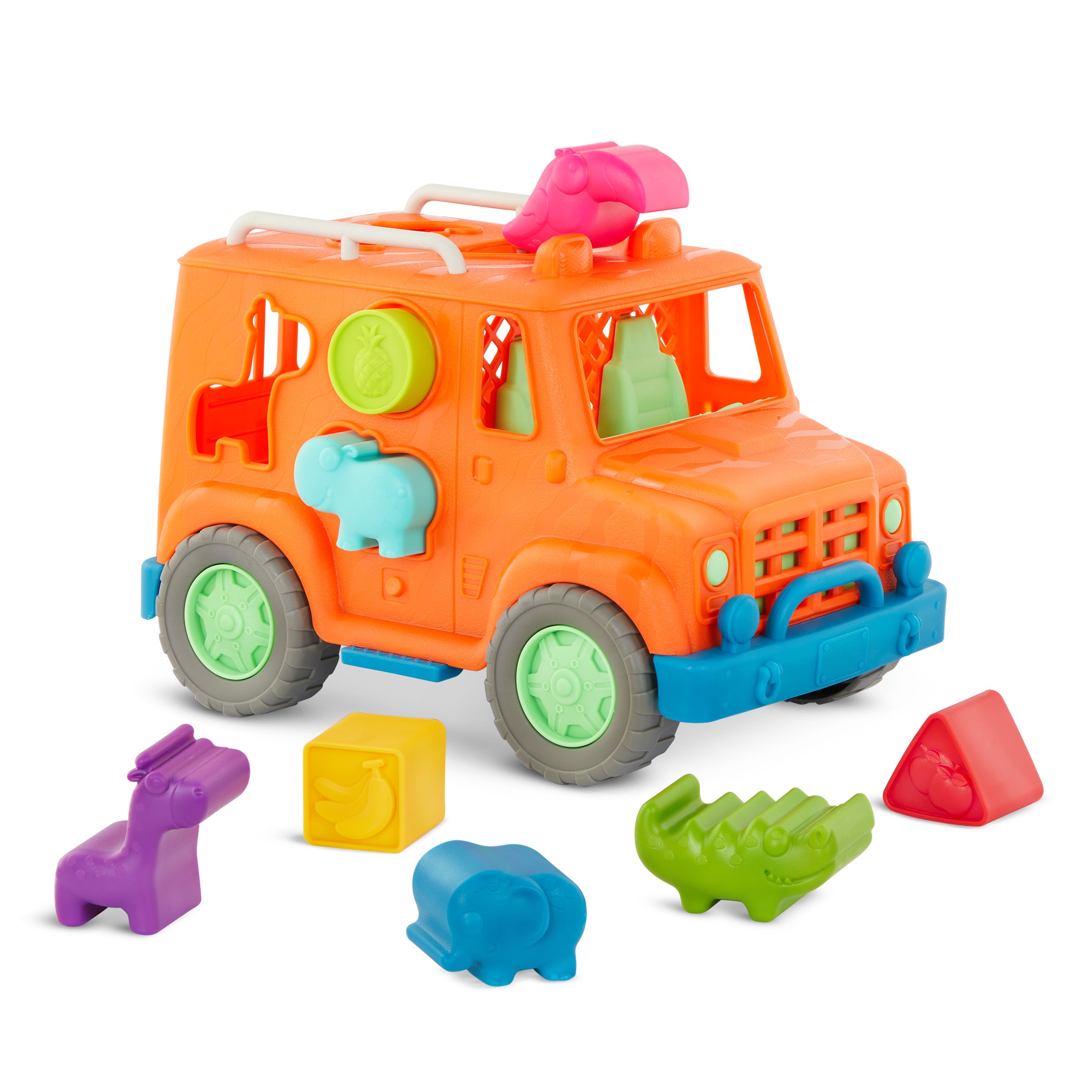 An orange toy truck with shapes to sort.