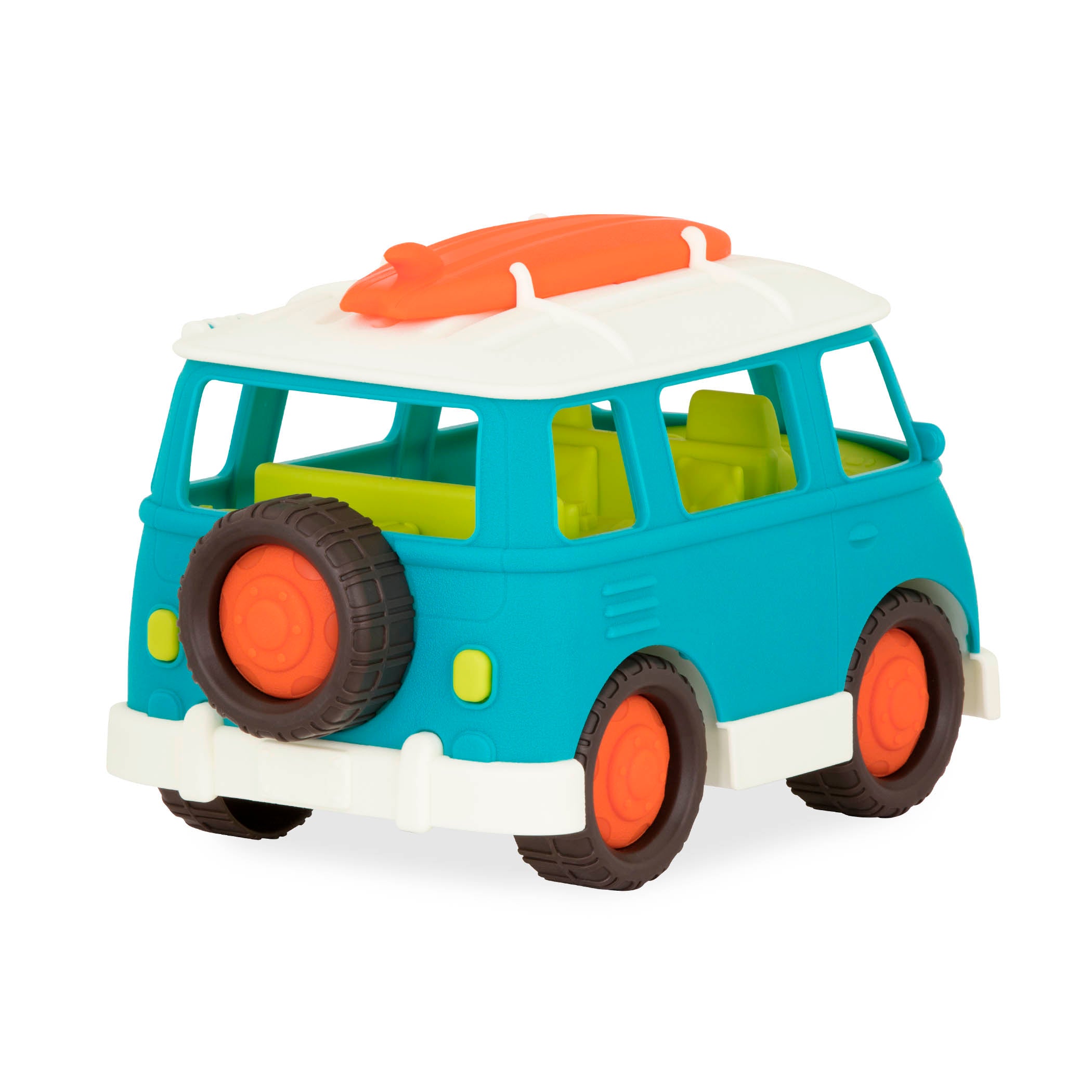 A blue camper van with a green interior and an orange surfboard on top.