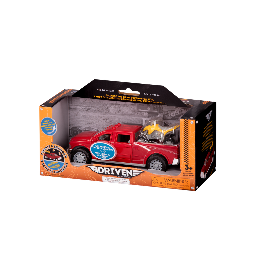 Small Micro Series Red toy pick-up truck and yellow ATV