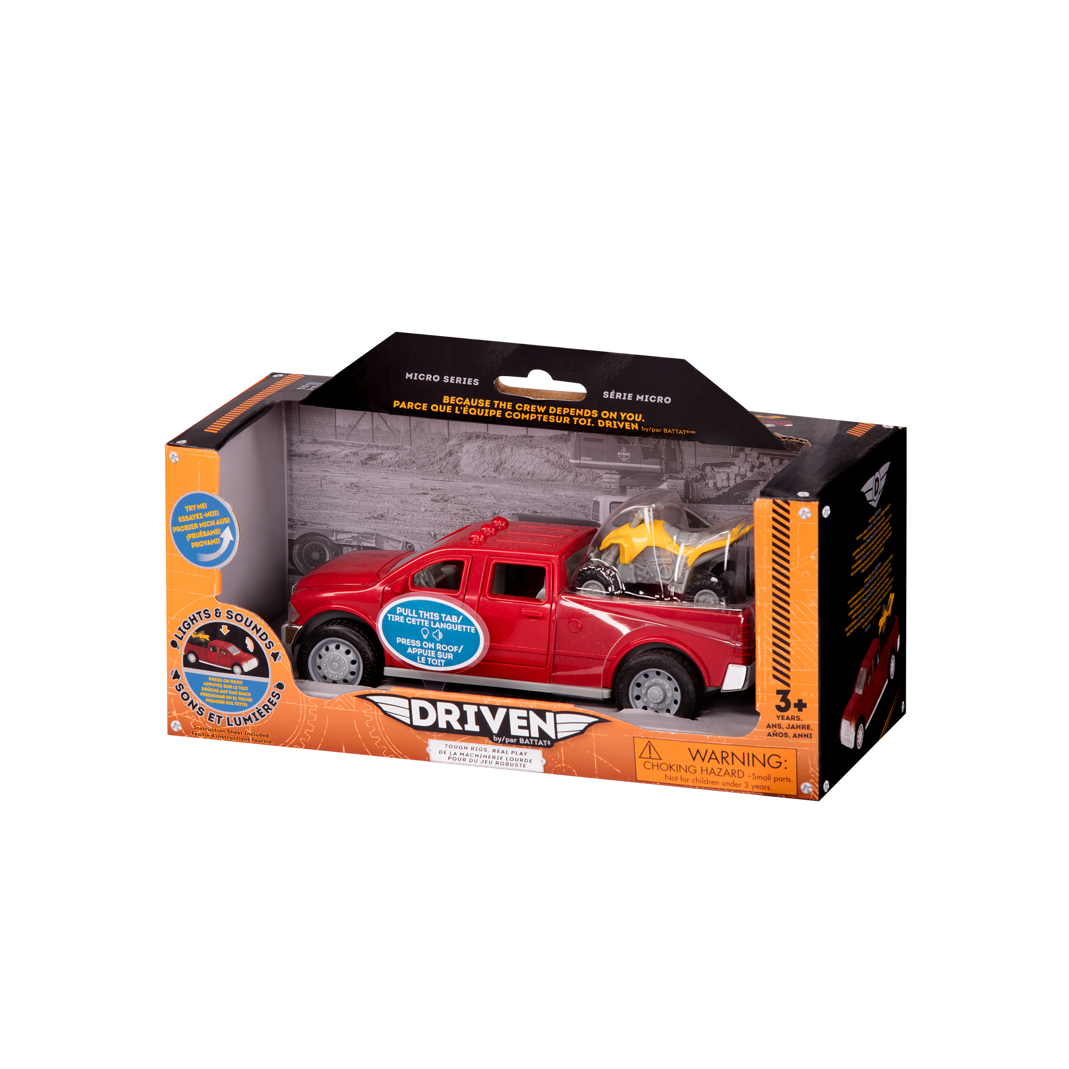 Small Micro Series Red toy pick-up truck and yellow ATV