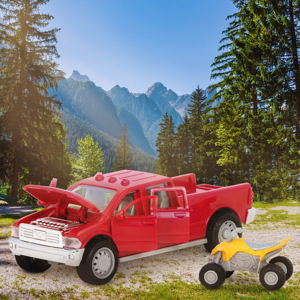 Small Micro Series Red toy pick-up truck and yellow ATV