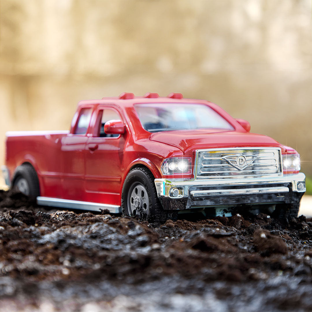 Small Micro Series Red toy pick-up truck and yellow ATV