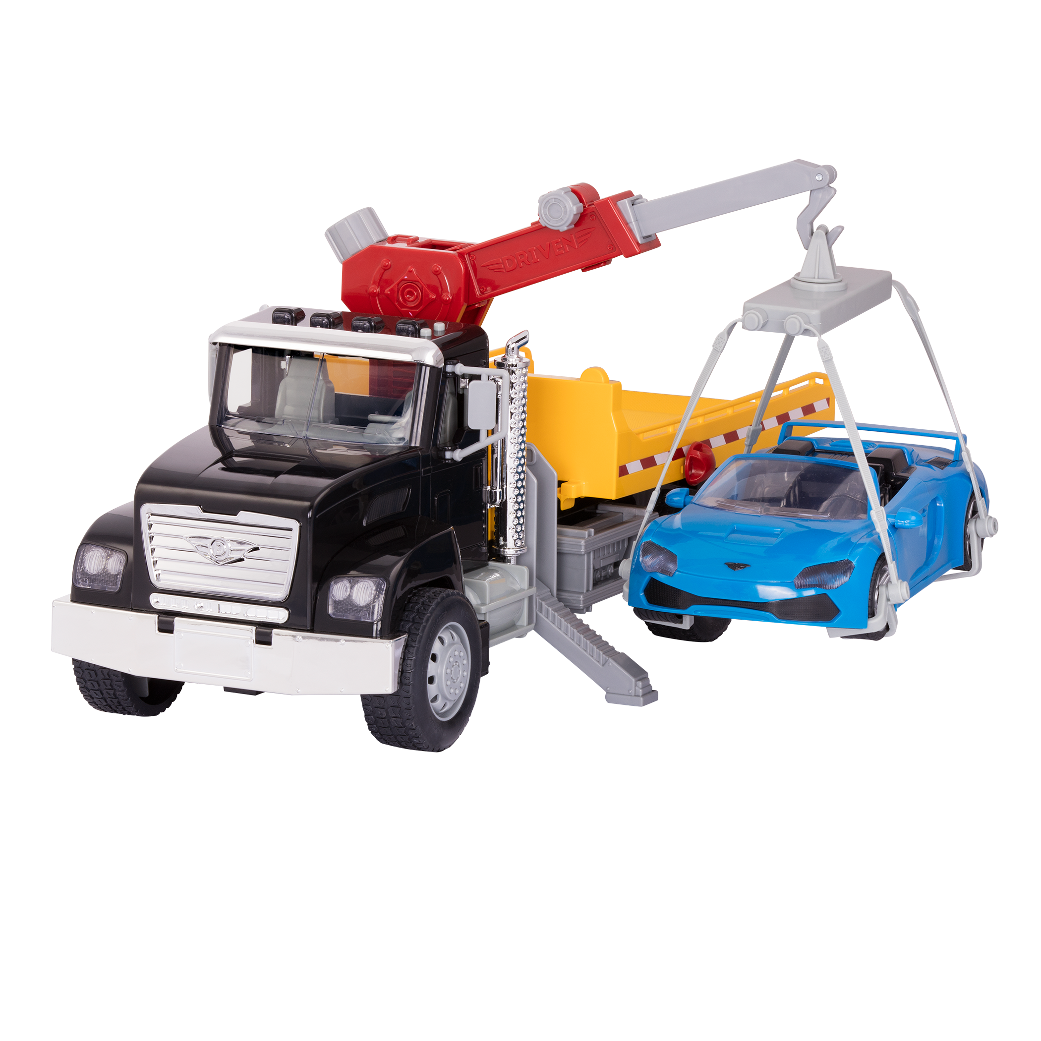Black toy tow truck towing blue car