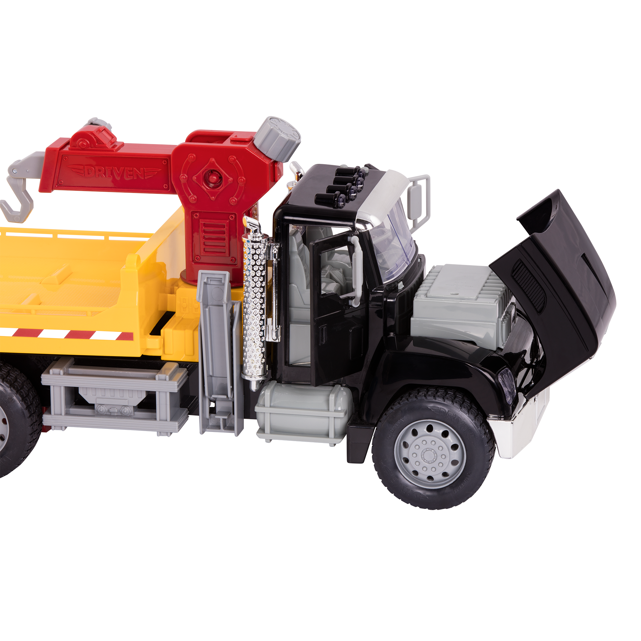 Black toy tow truck towing blue car