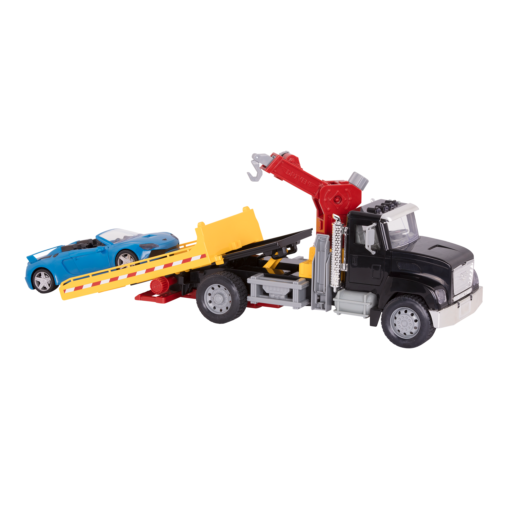 Black toy tow truck towing blue car