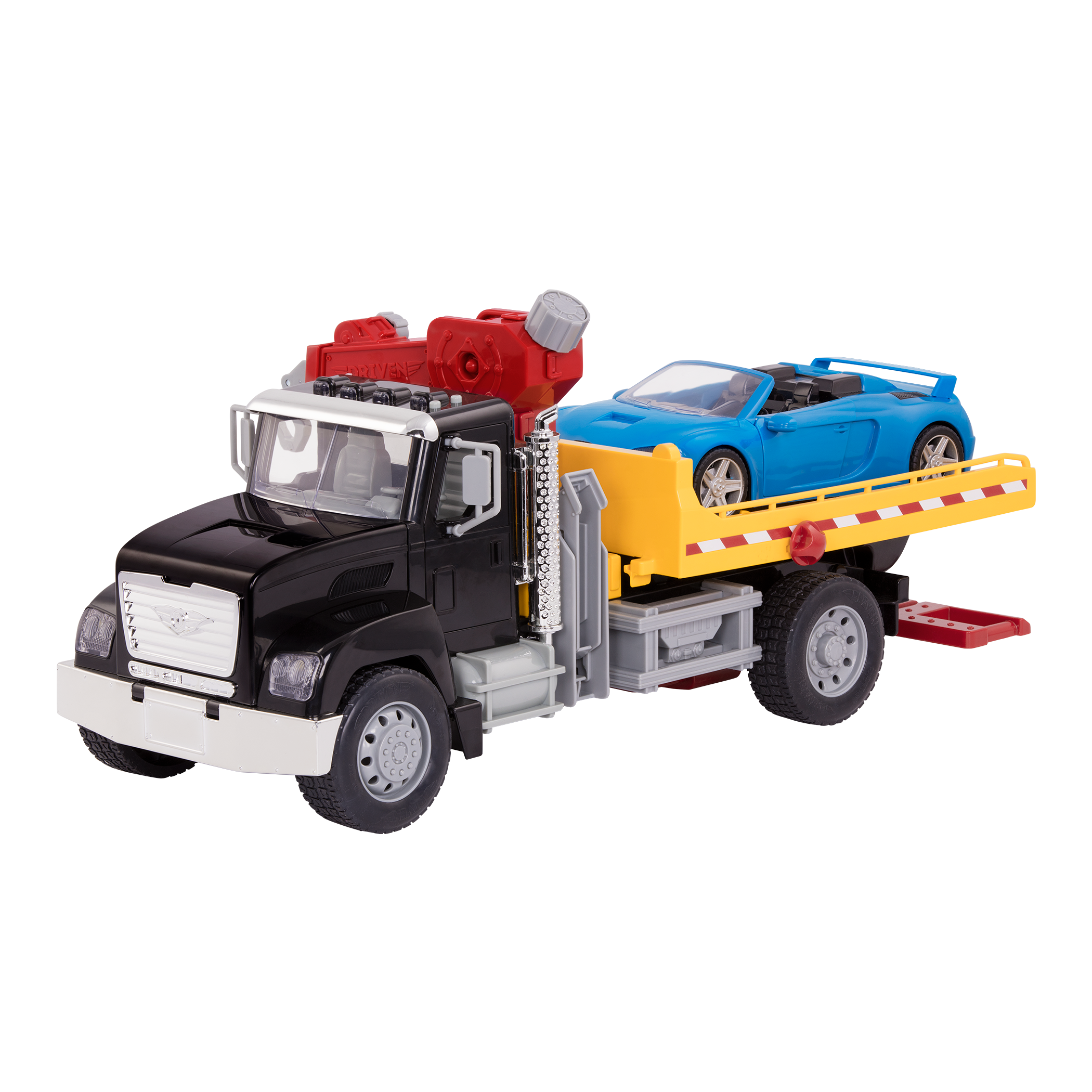 Black toy tow truck towing blue car