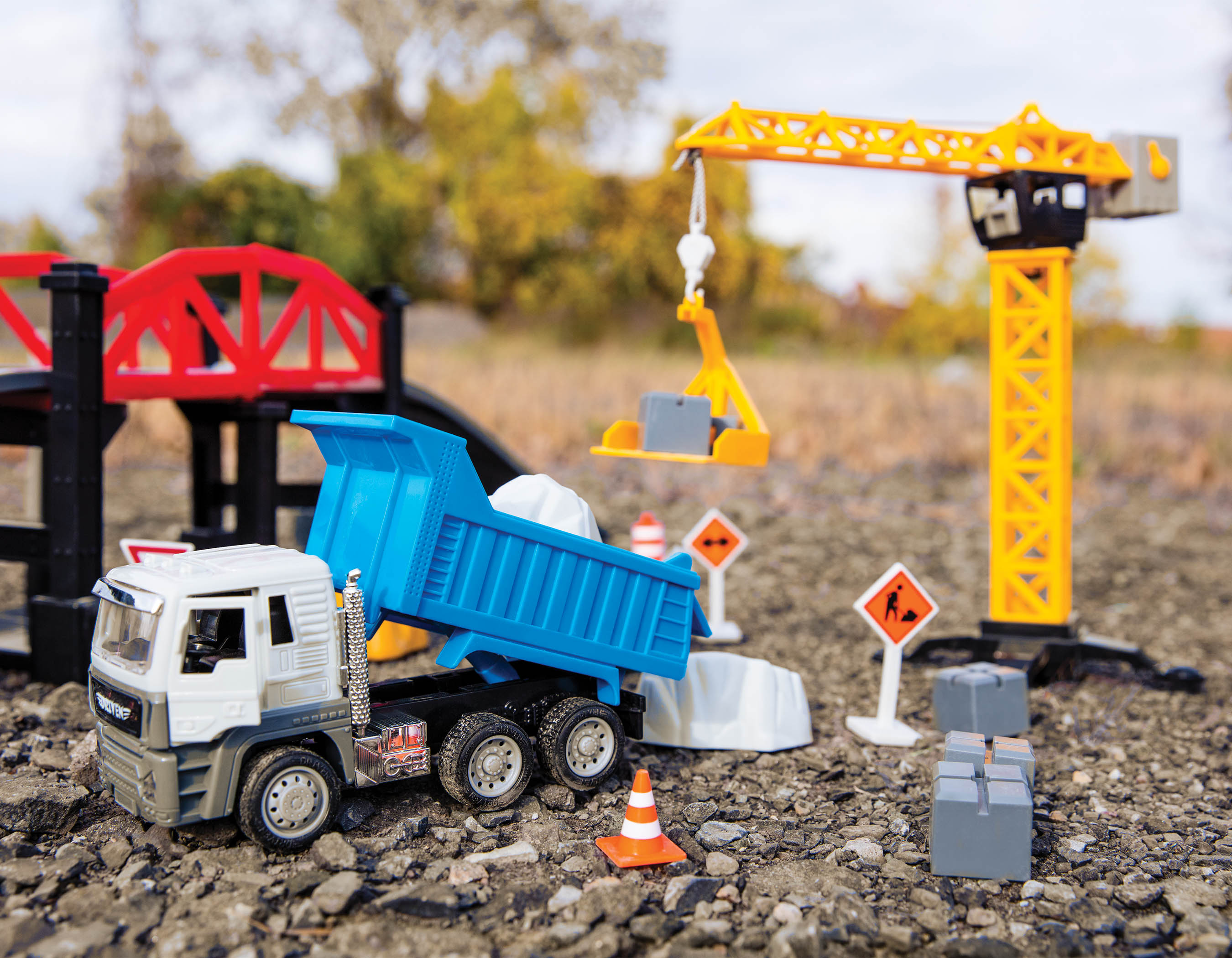 Construction crane playset with blue dump truck