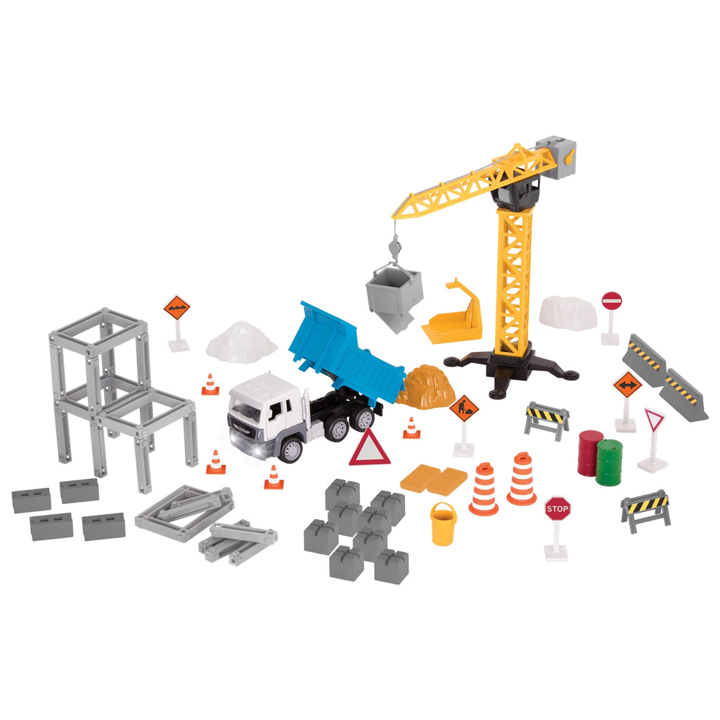 Construction crane playset with blue dump truck