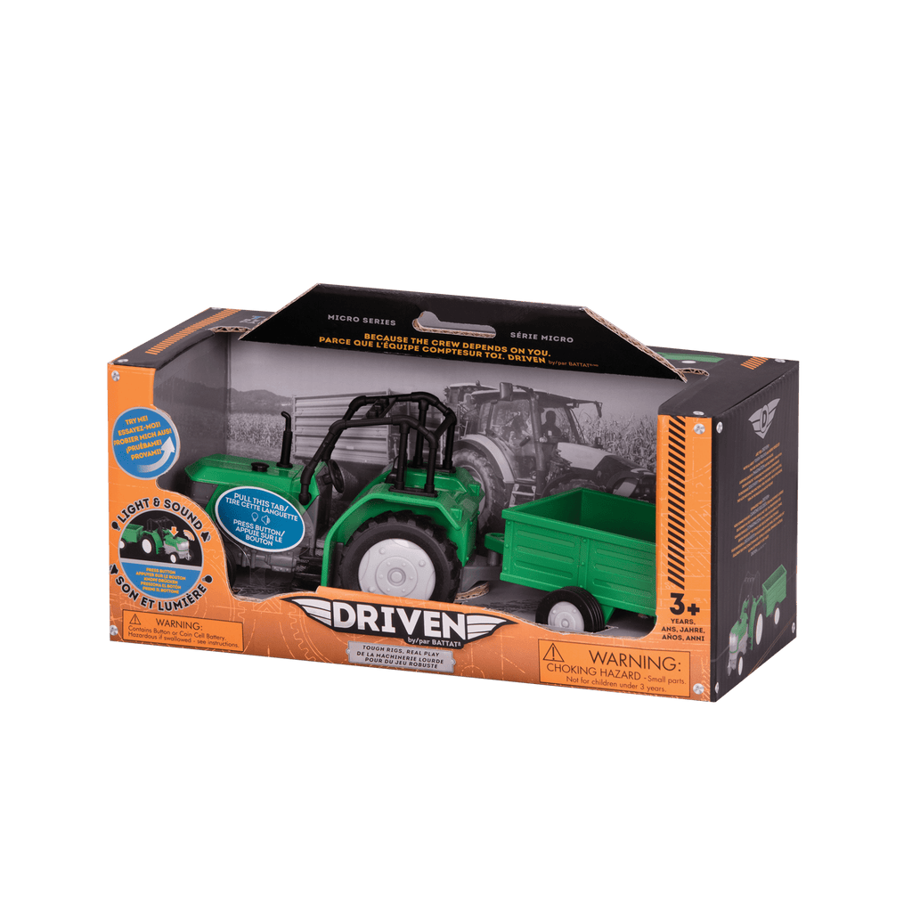Small Micro Series Green toy tractor with trailor