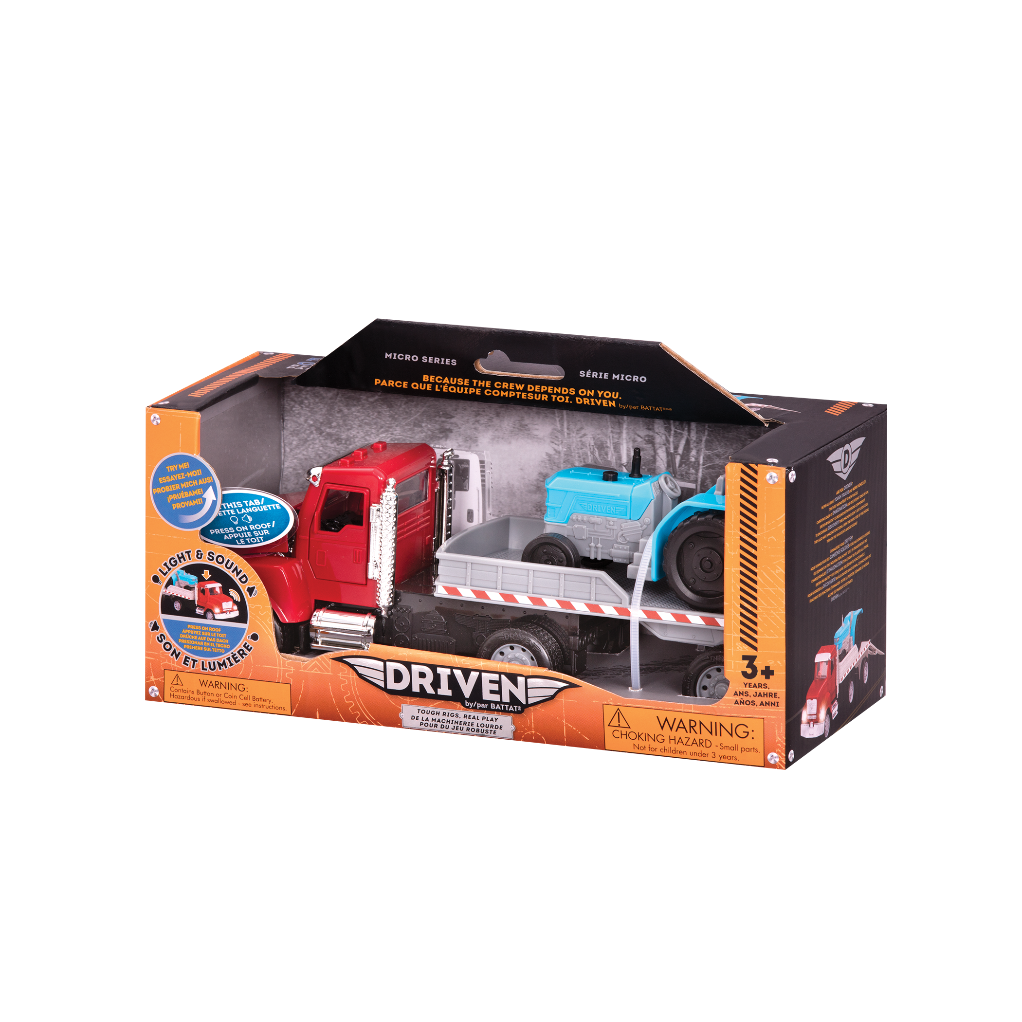 Red toy flatbed truck carrying blue tractor