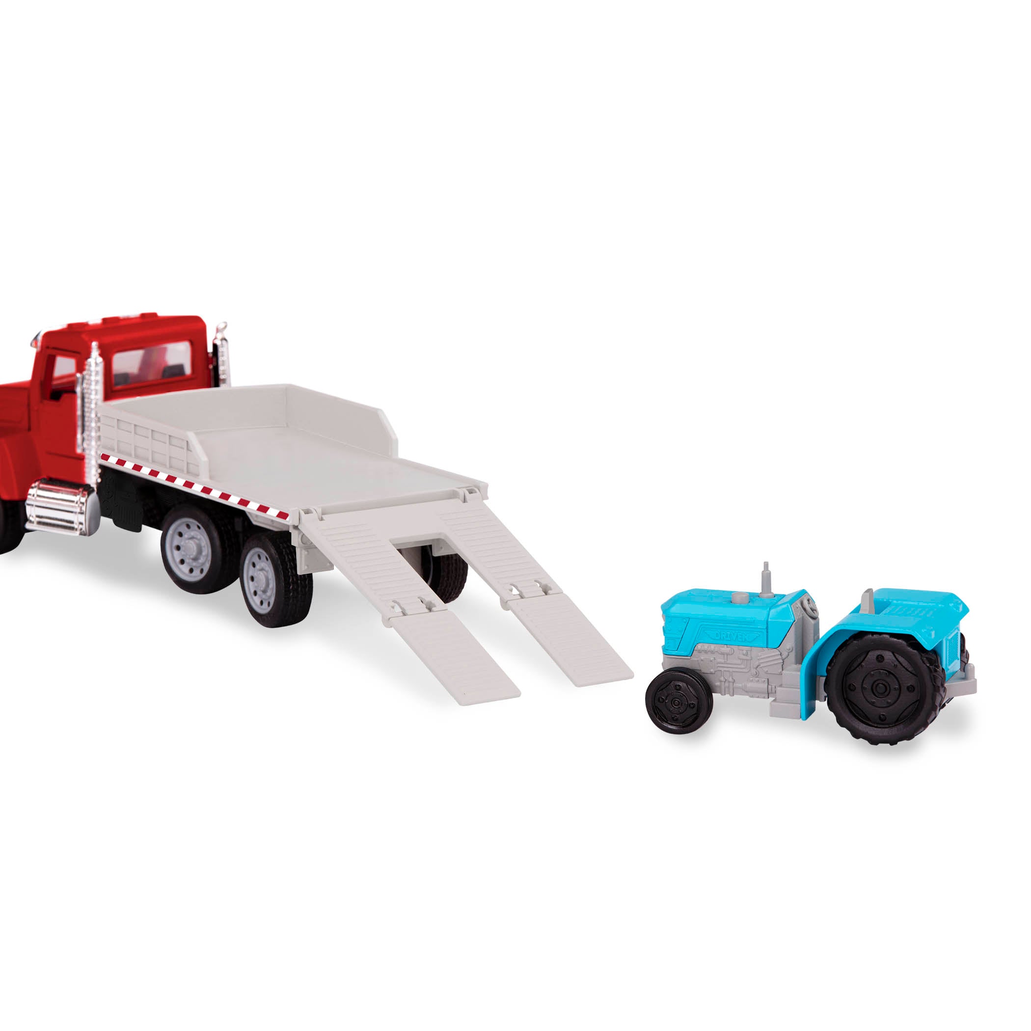 Red toy flatbed truck carrying blue tractor