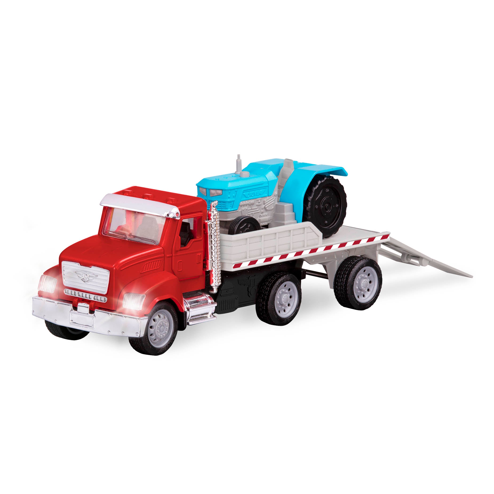 Red toy flatbed truck carrying blue tractor