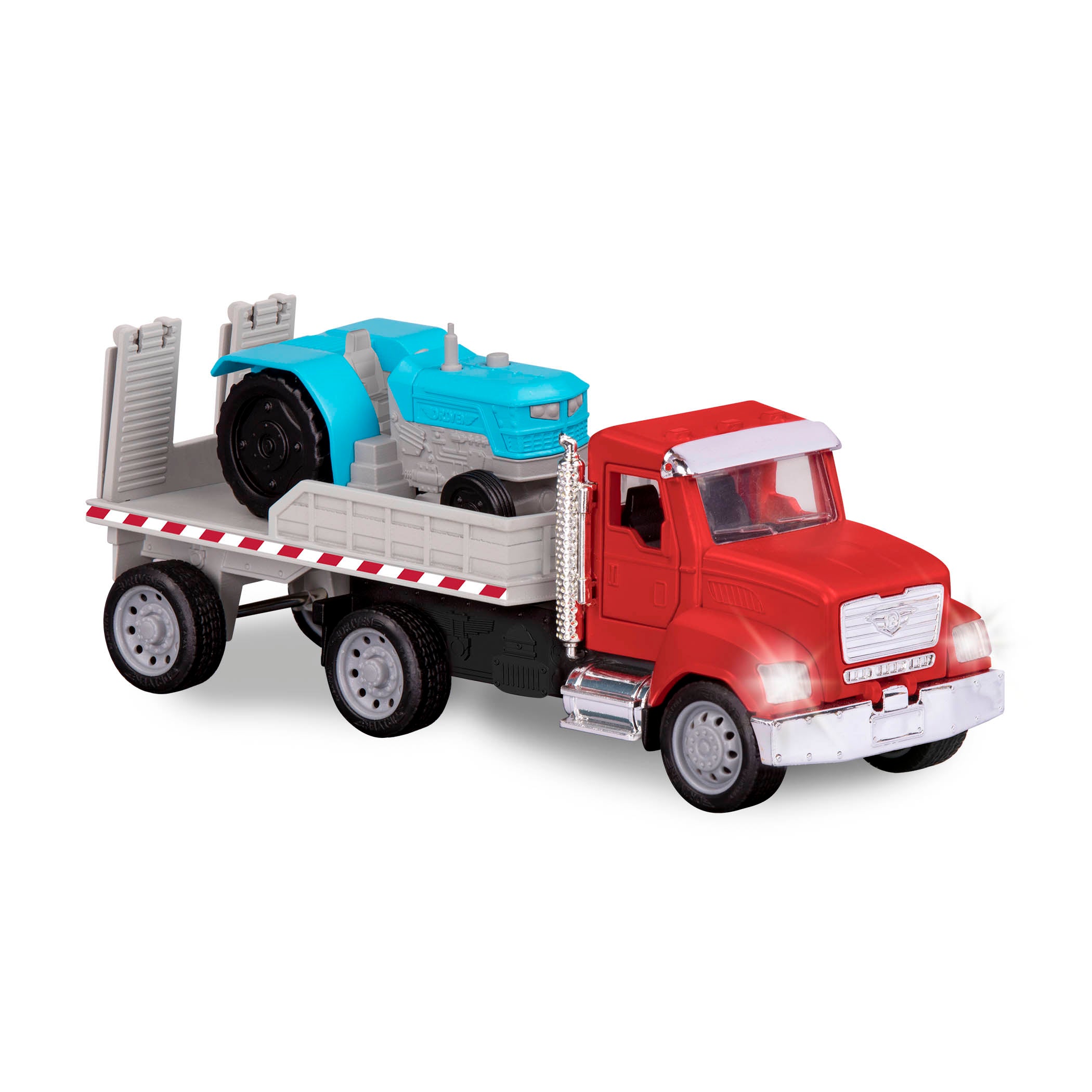 Red toy flatbed truck carrying blue tractor