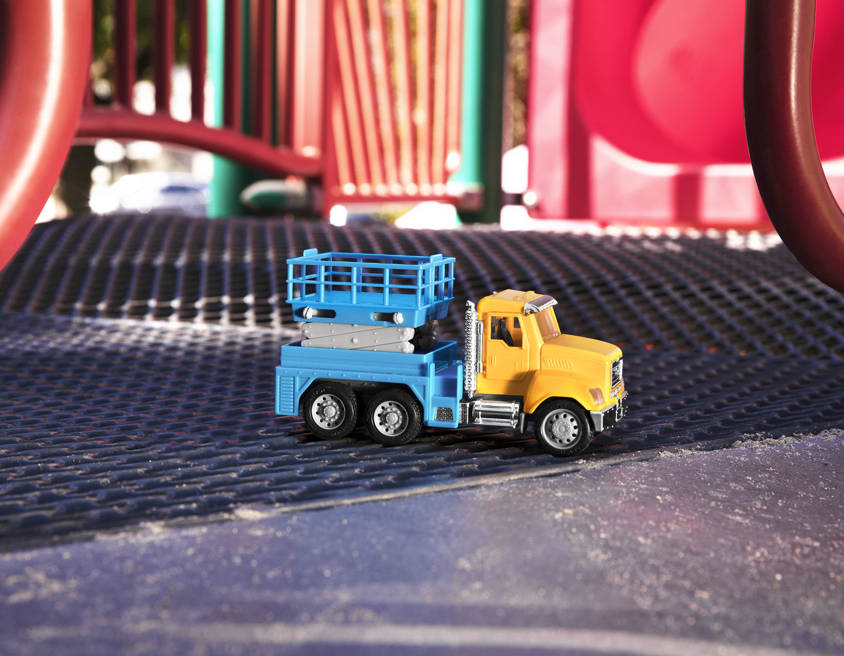 Small Micro Series Yellow and blue toy scissor lift truck