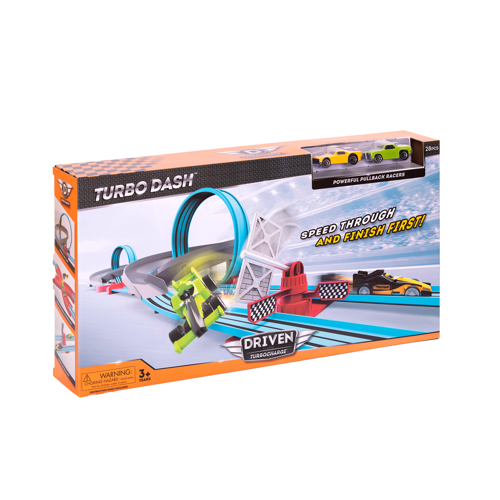 Racetrack playset with loops and toy cars