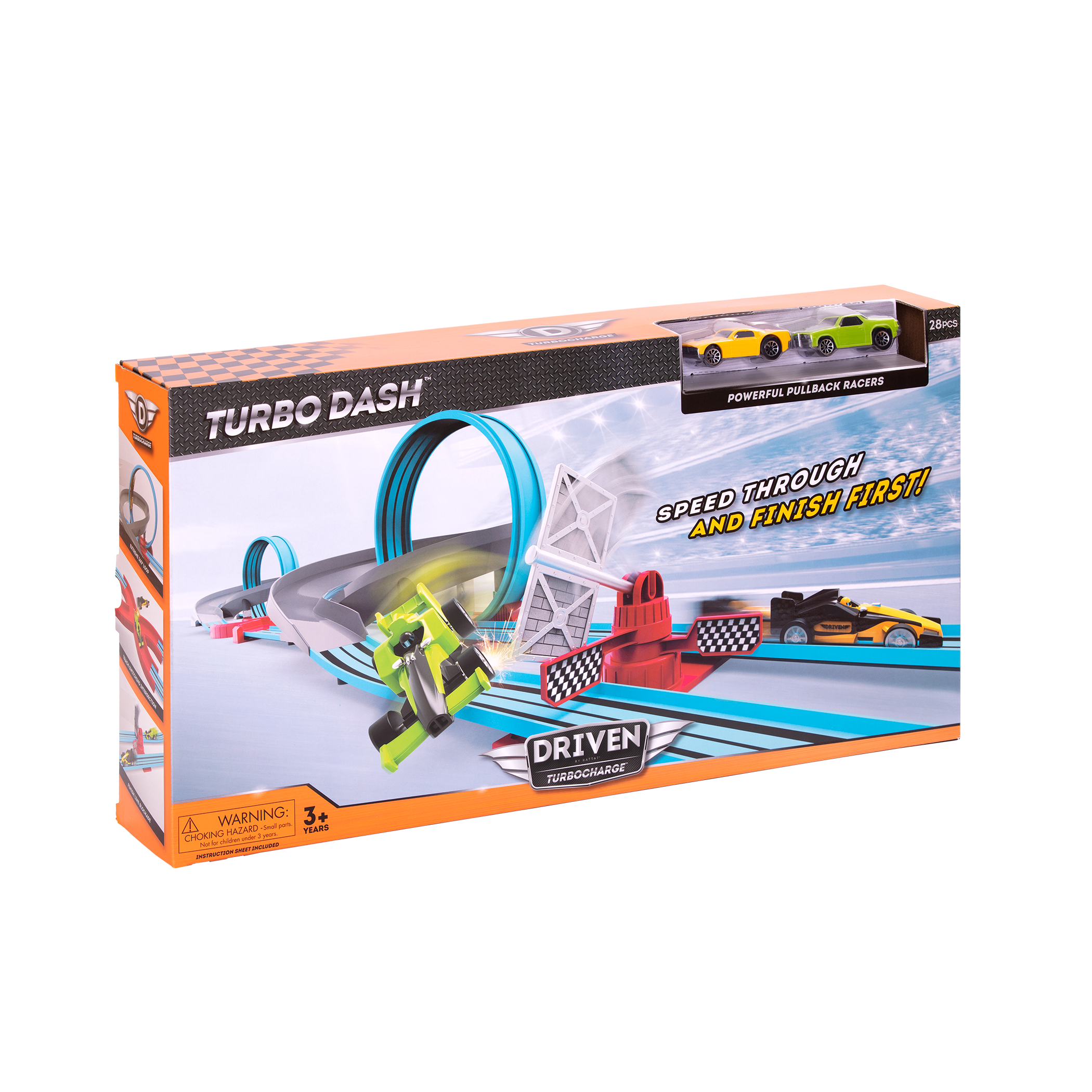 Racetrack playset with loops and toy cars
