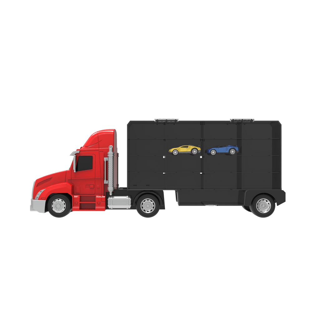 Toy carrier truck with two small toy cars.