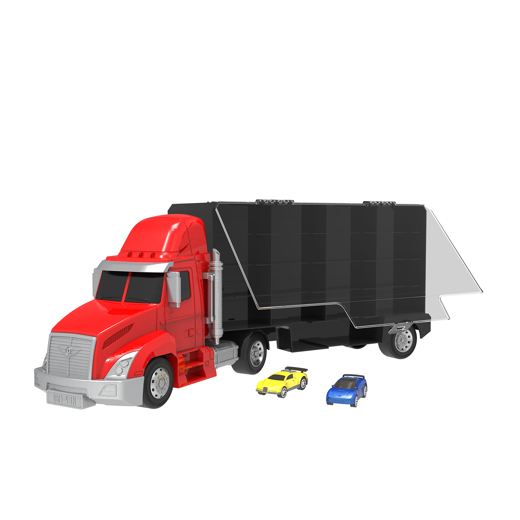 Toy carrier truck with two small toy cars.