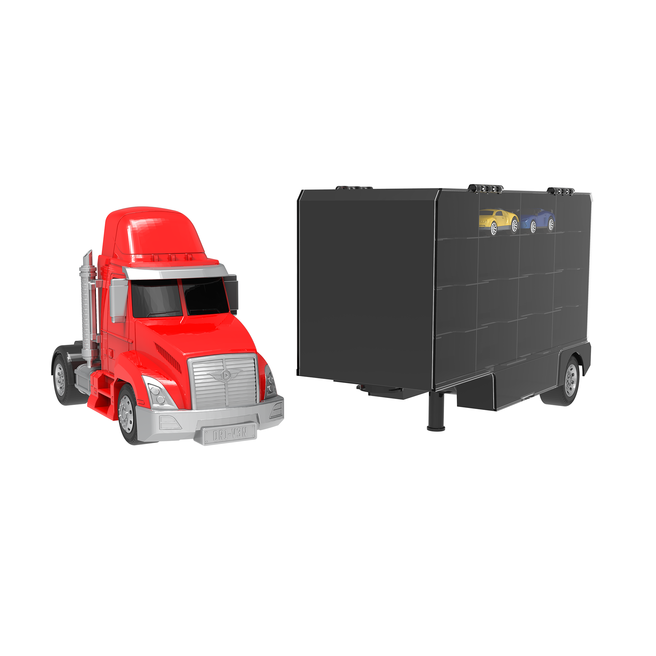 Toy carrier truck with two small toy cars.