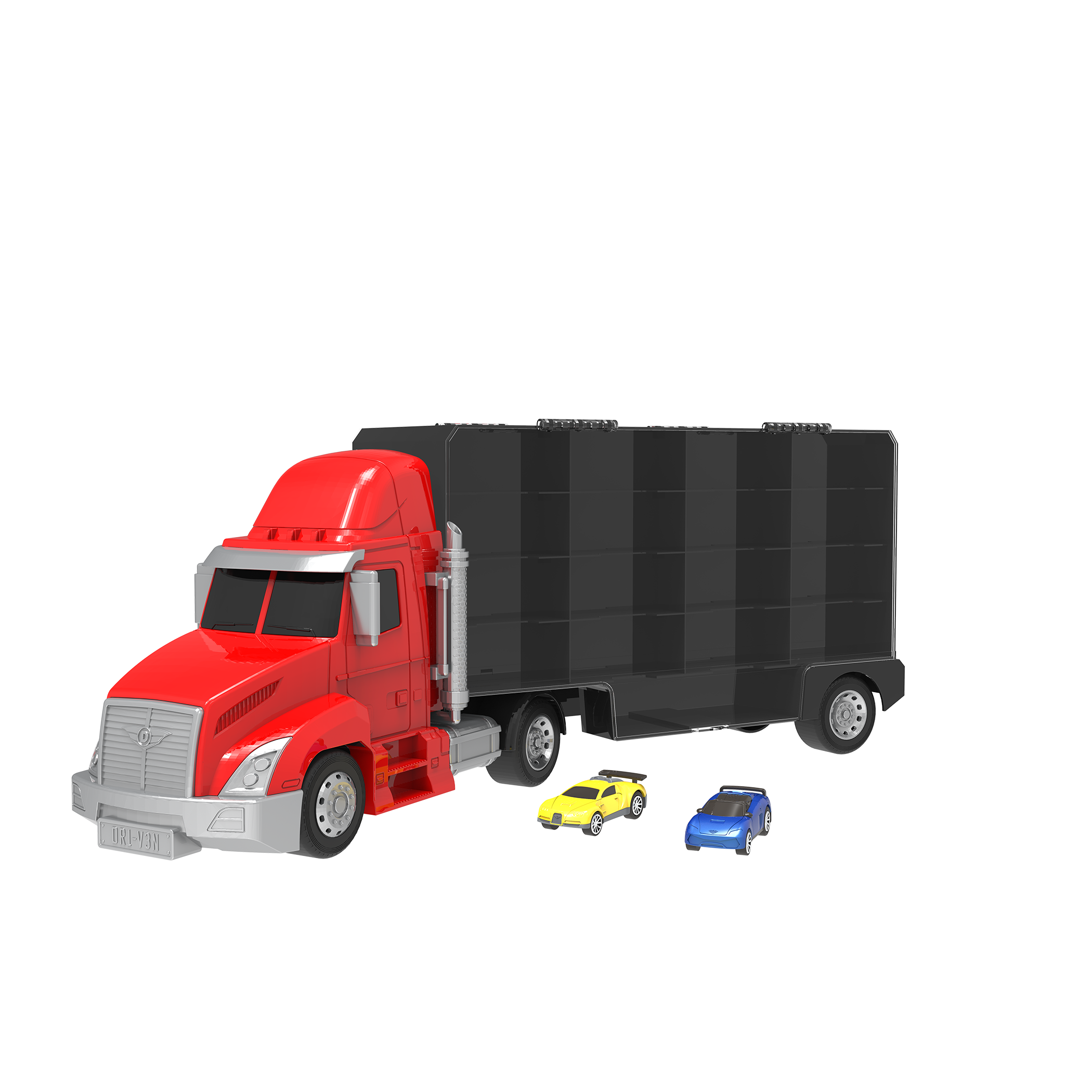 Toy carrier truck with two small toy cars.