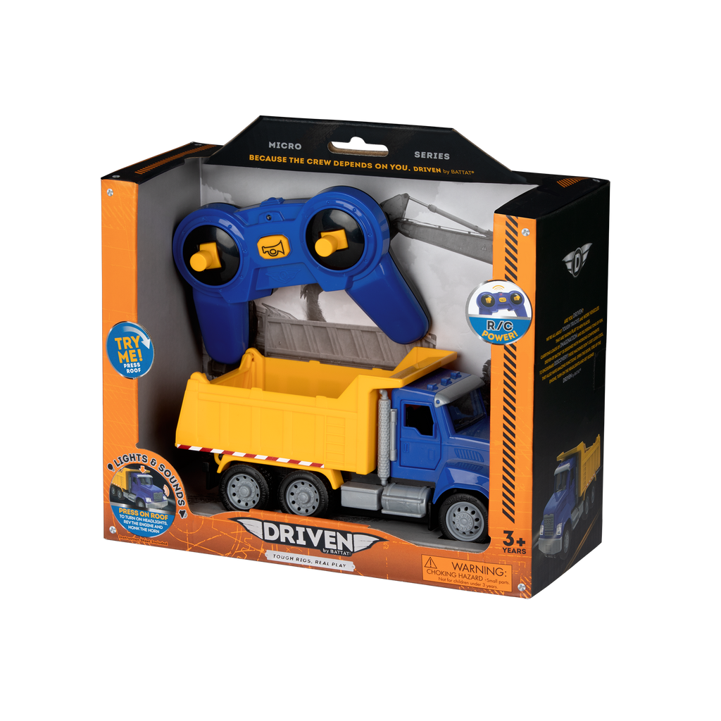 Blue and yellow toy dump truck