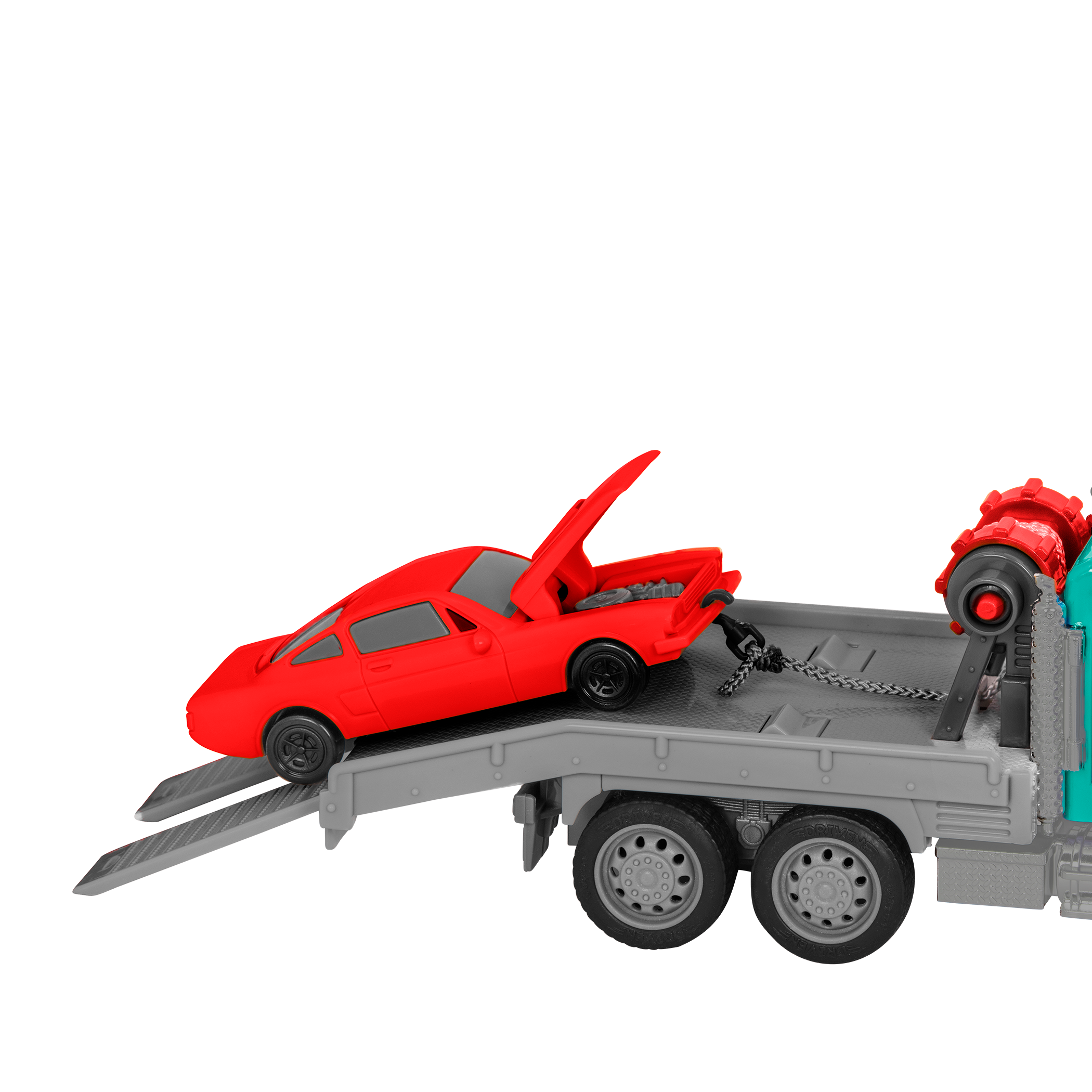 Mint toy tow truck with remote control towing red car