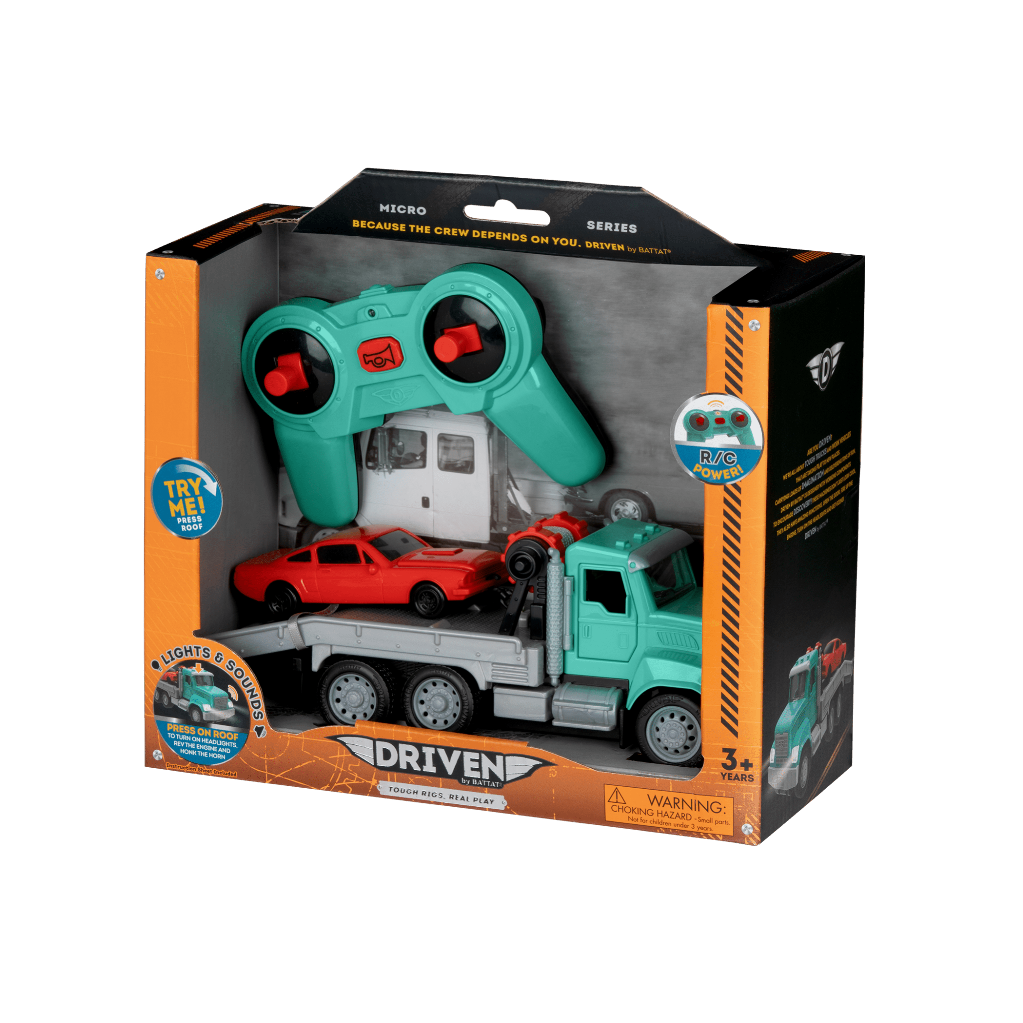Mint toy tow truck with remote control towing red car