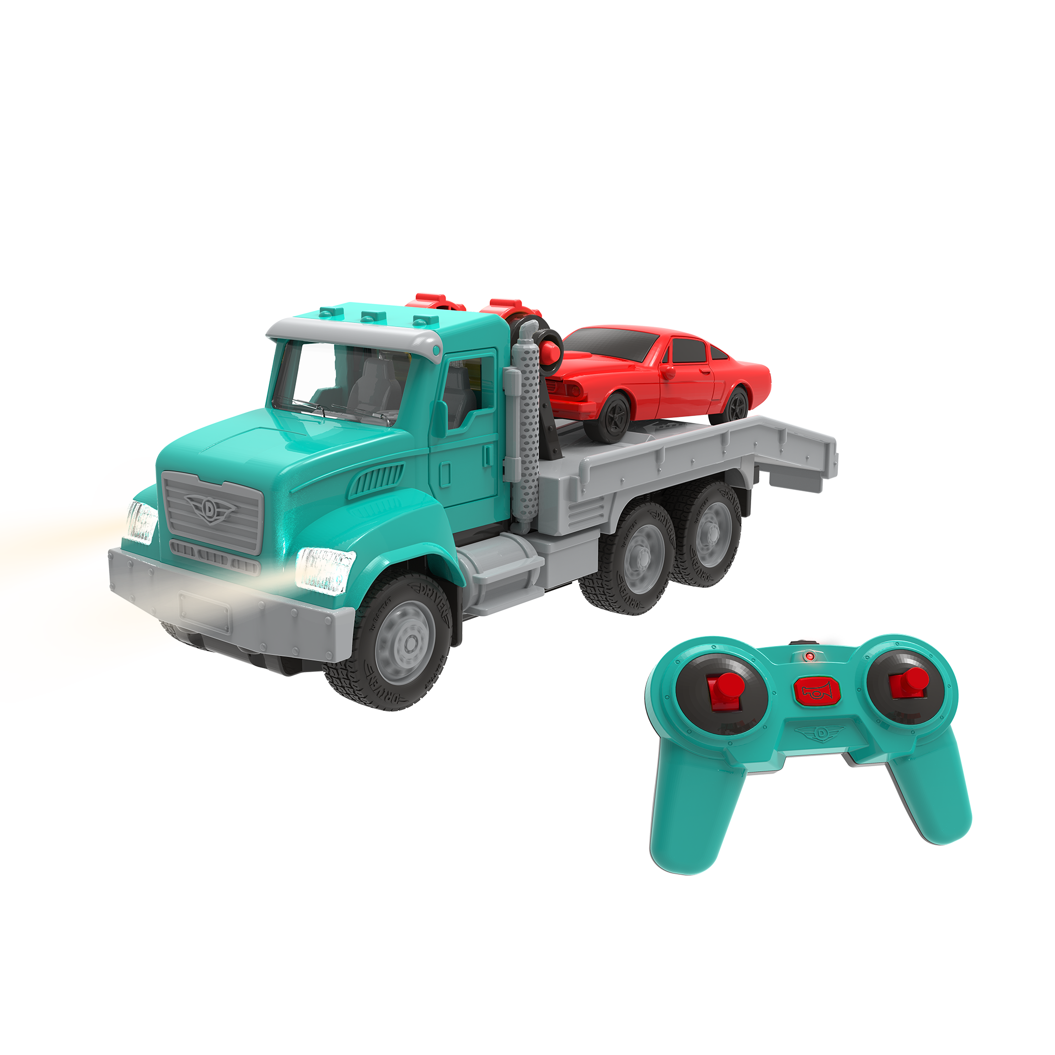 Mint toy tow truck with remote control towing red car