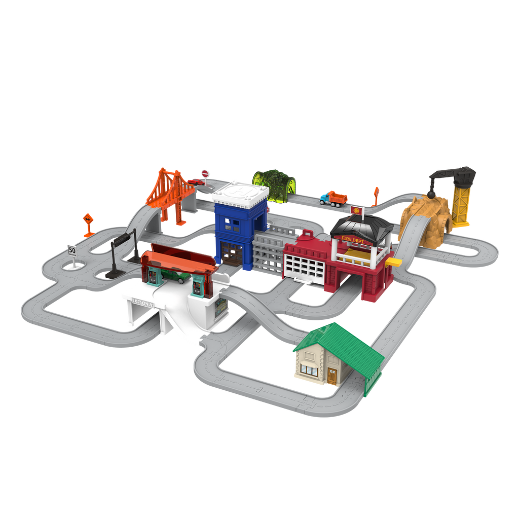 City-themed playset with toy vehicles