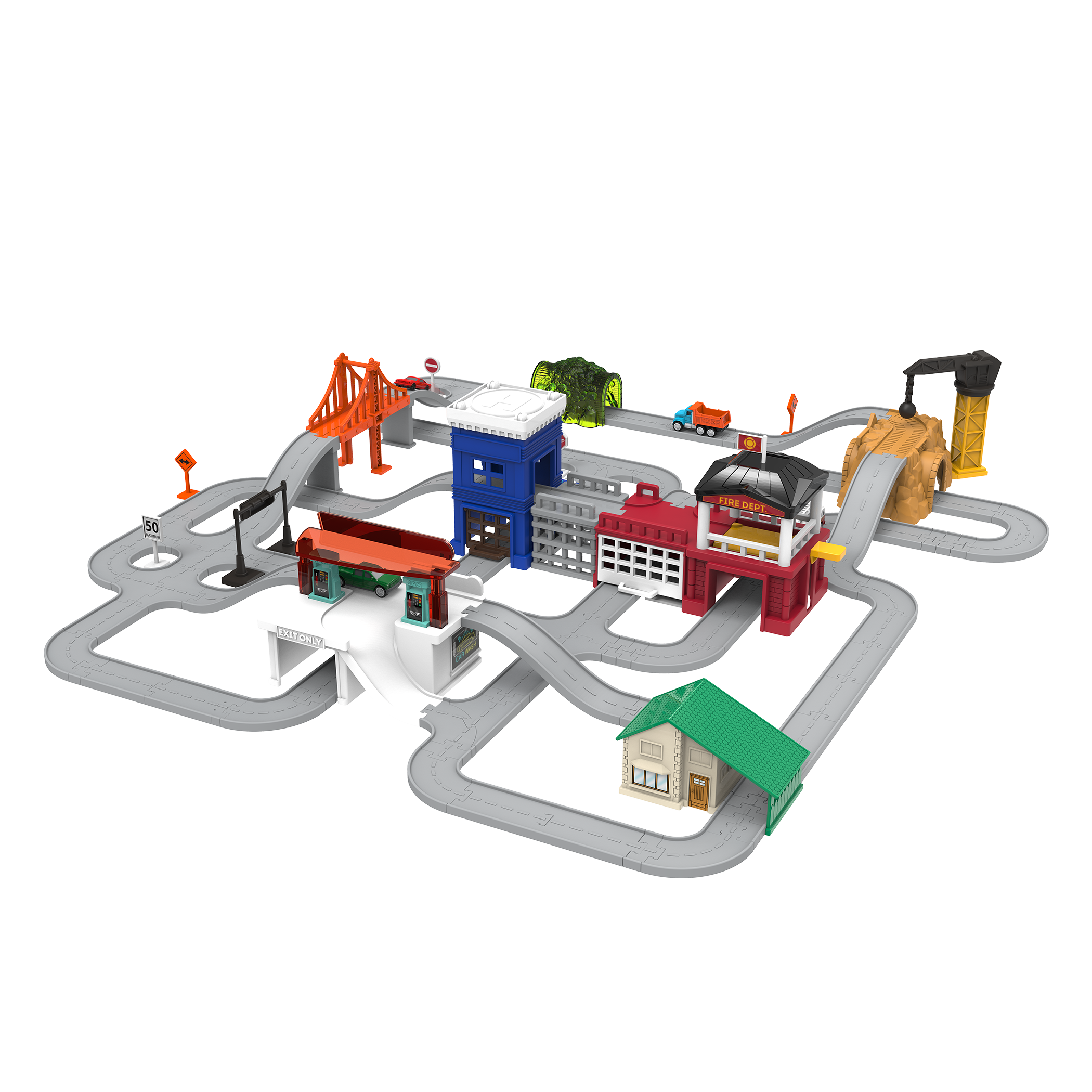 City-themed playset with toy vehicles
