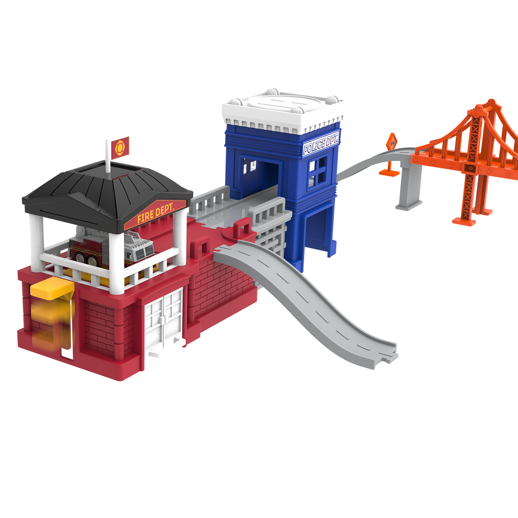 City-themed playset with toy vehicles