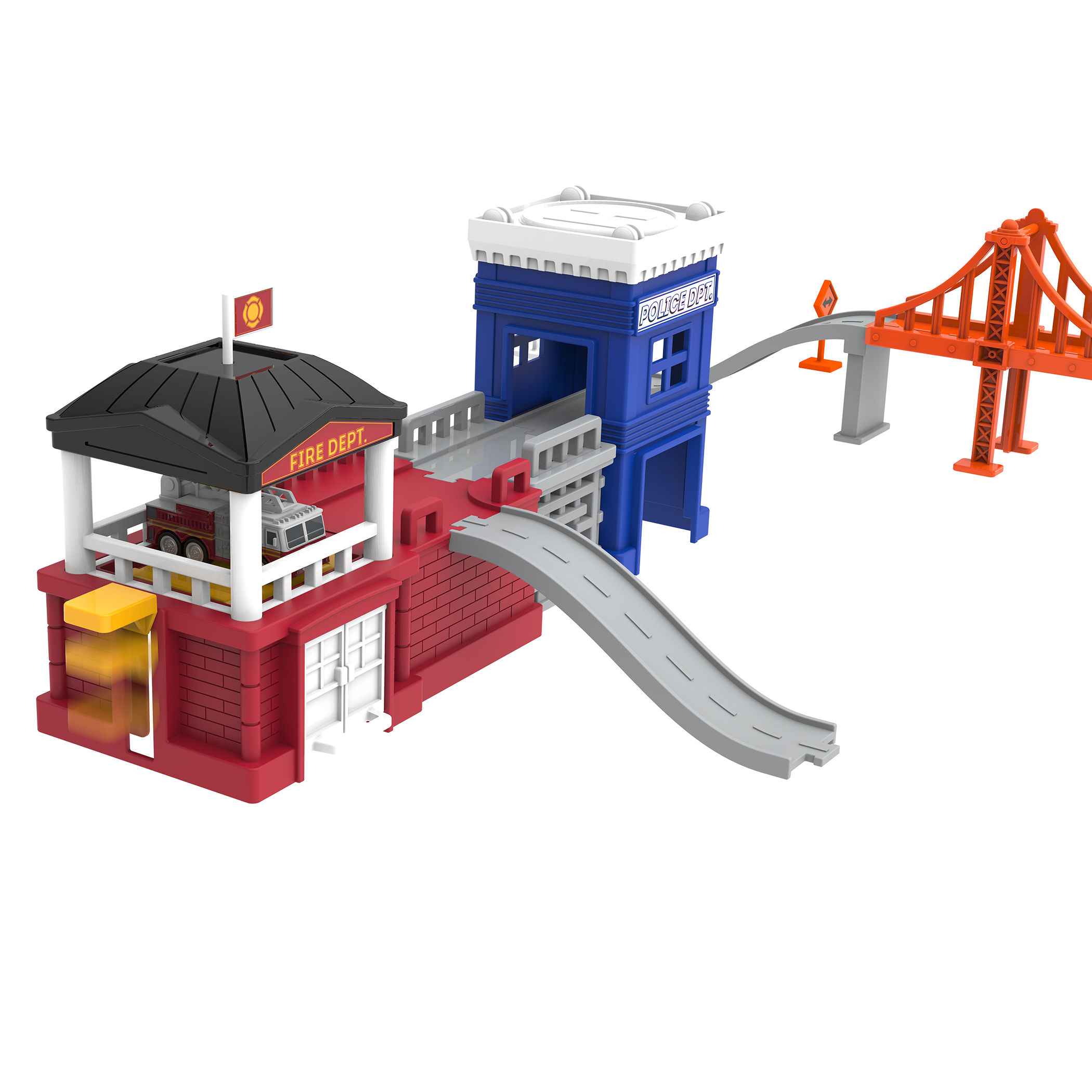City-themed playset with toy vehicles
