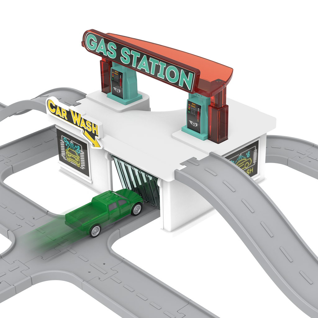 City-themed playset with toy vehicles