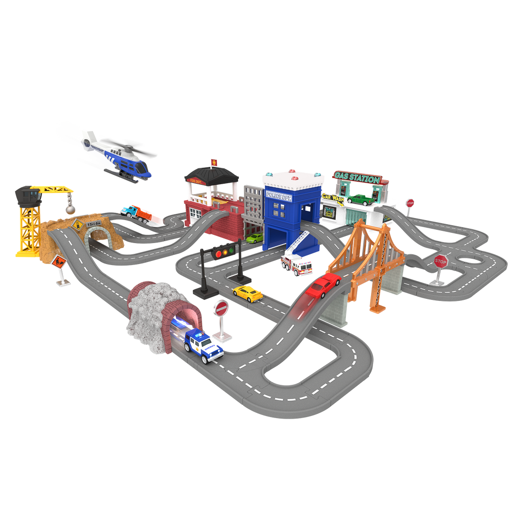 City-themed playset with toy vehicles