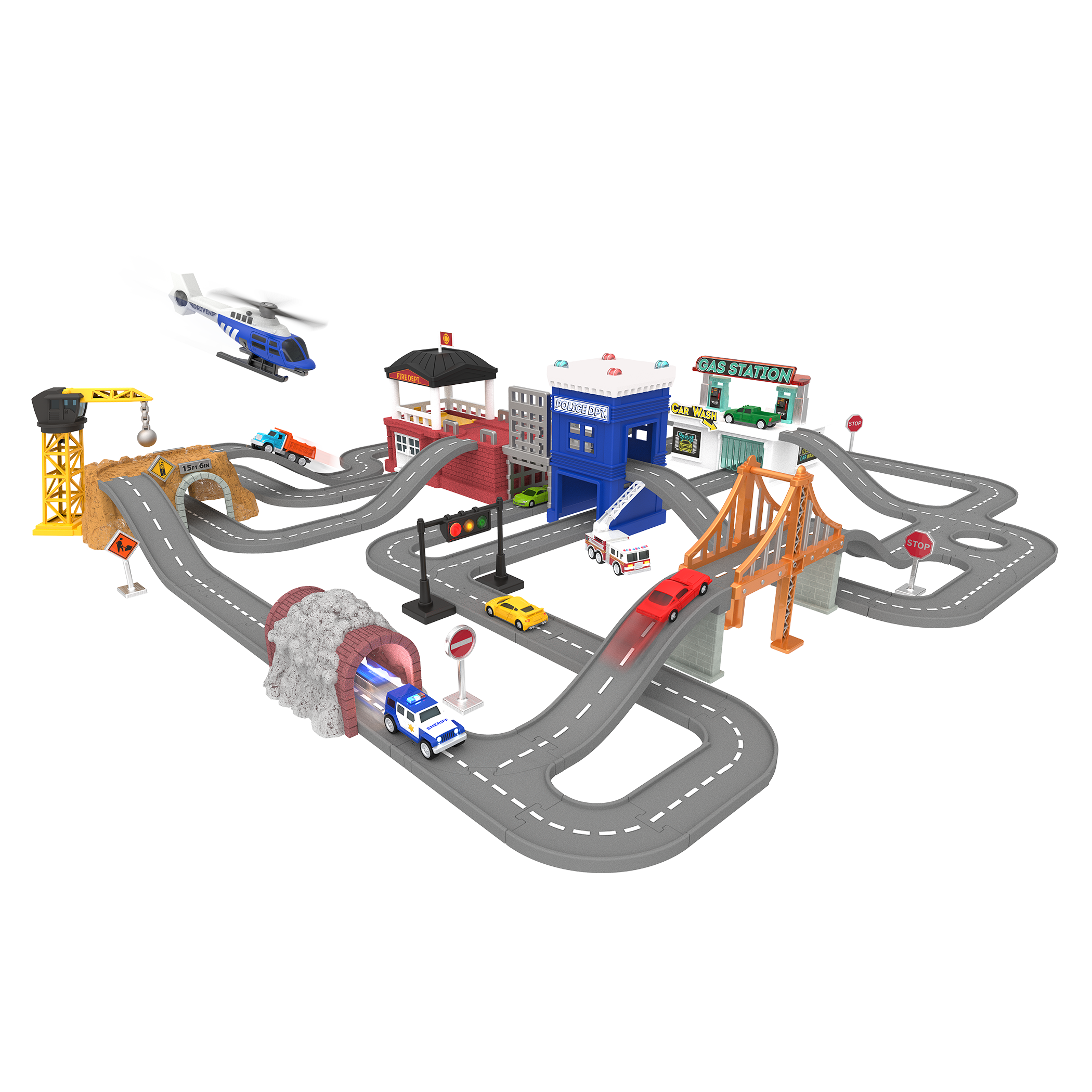 City-themed playset with toy vehicles