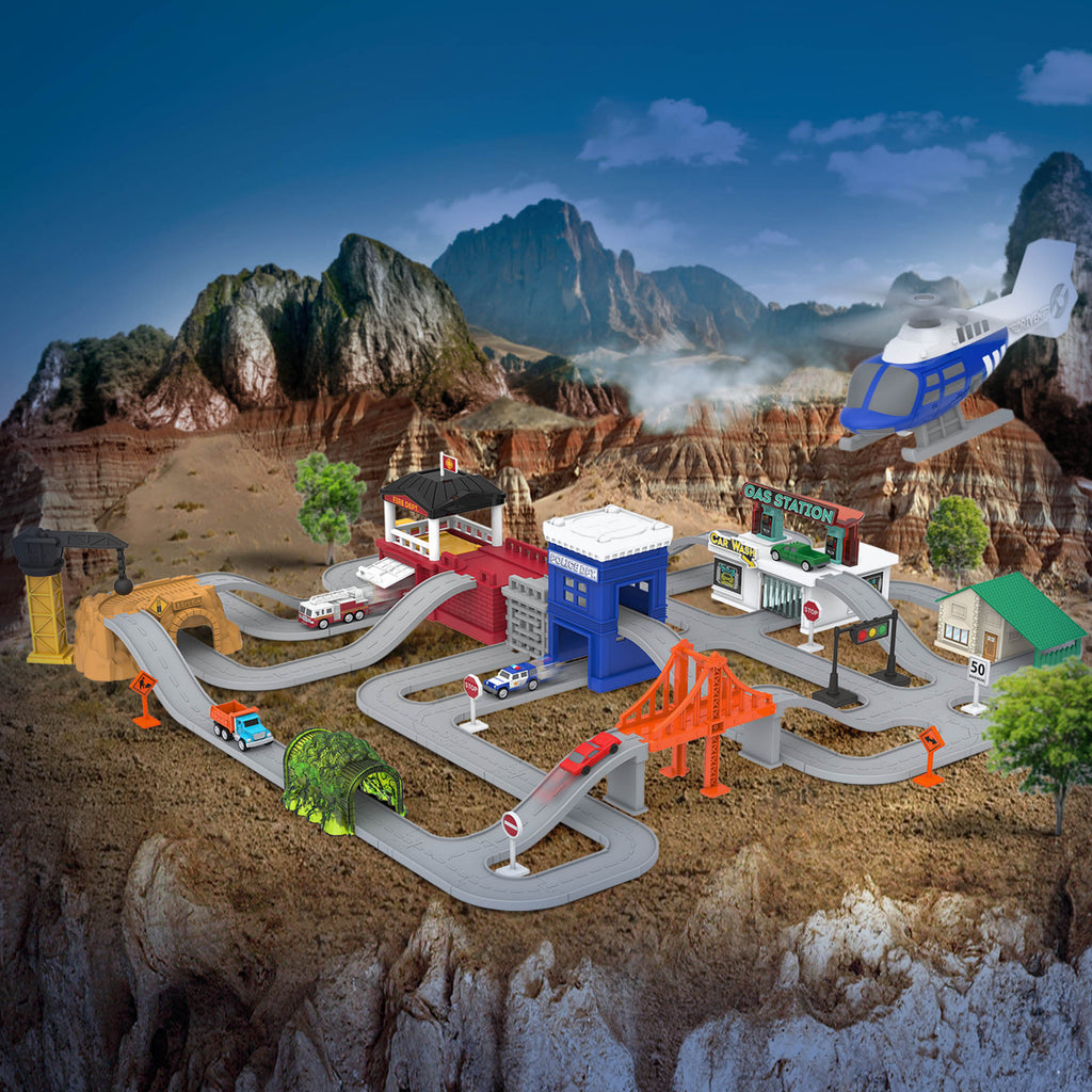 City-themed playset with toy vehicles