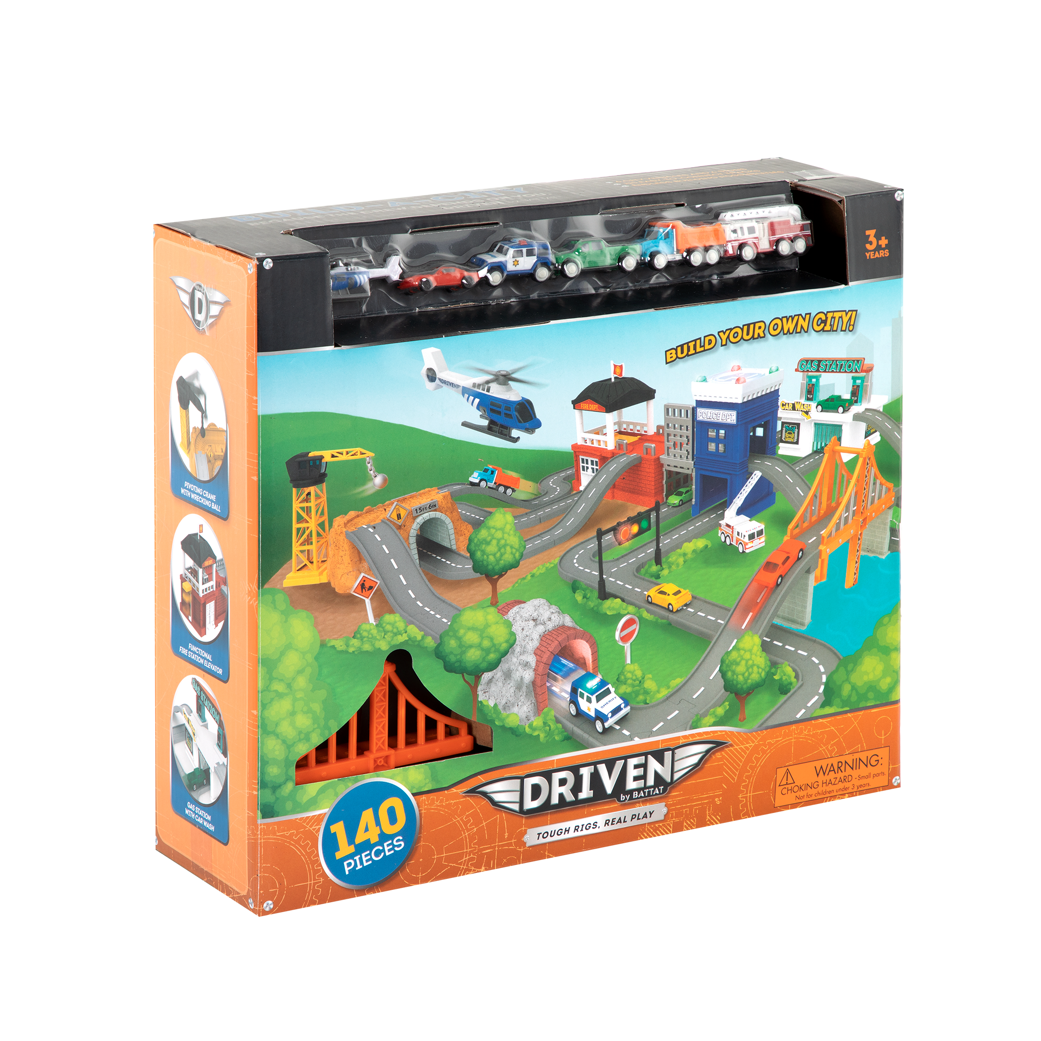 City-themed playset with toy vehicles