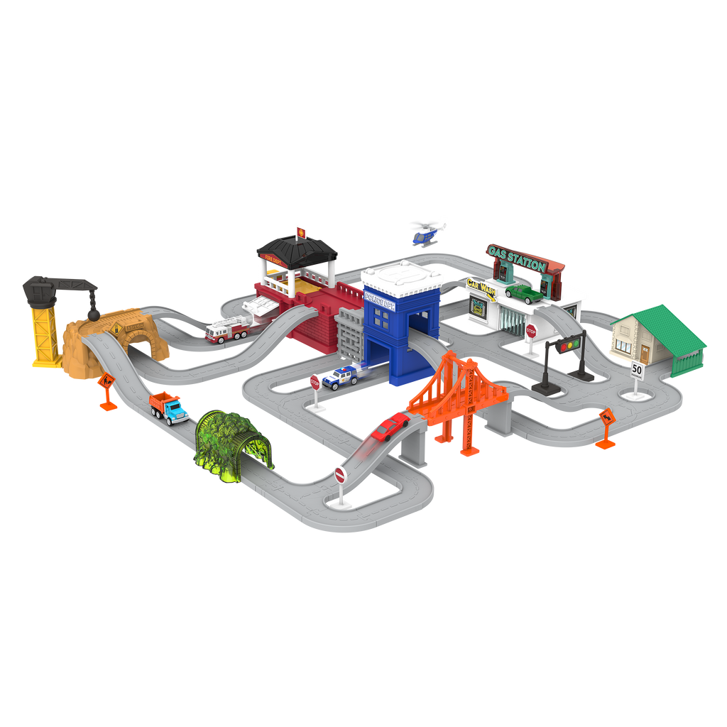 City-themed playset with toy vehicles