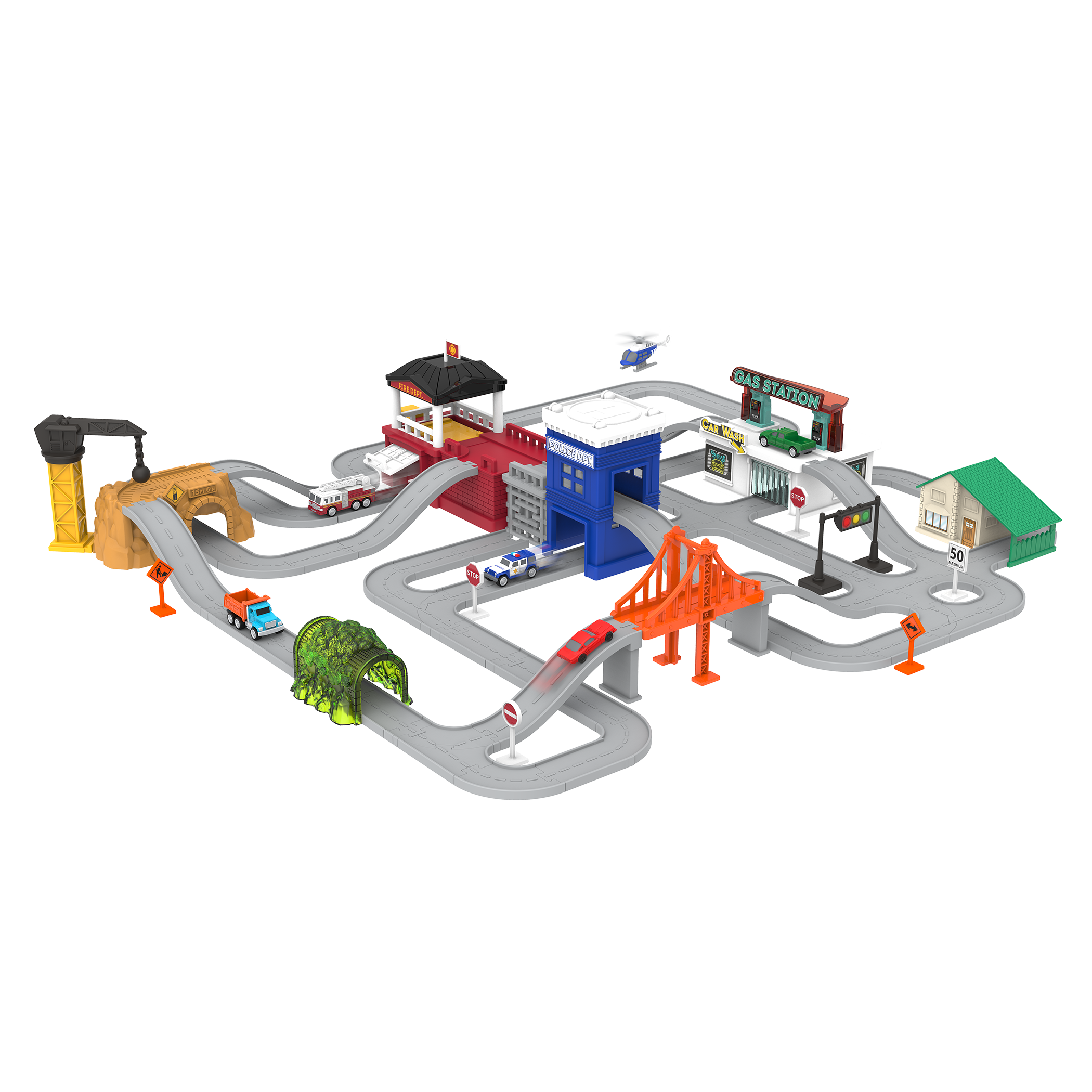 City-themed playset with toy vehicles