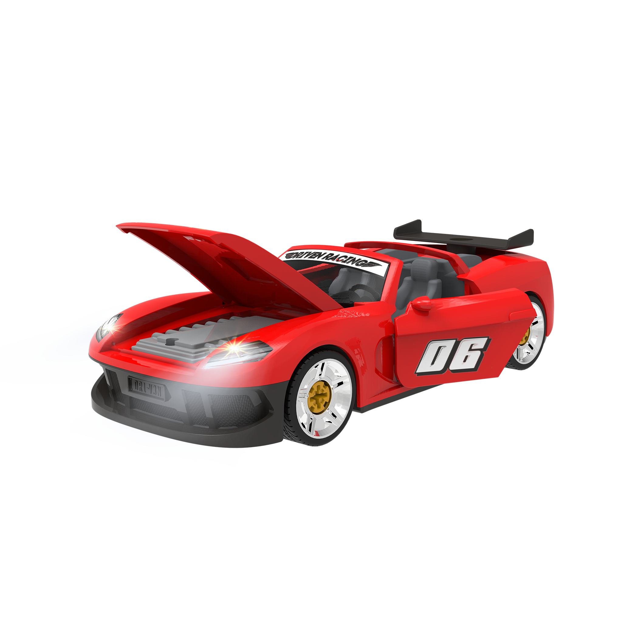 Red take-apart toy sports car with tools and stickers