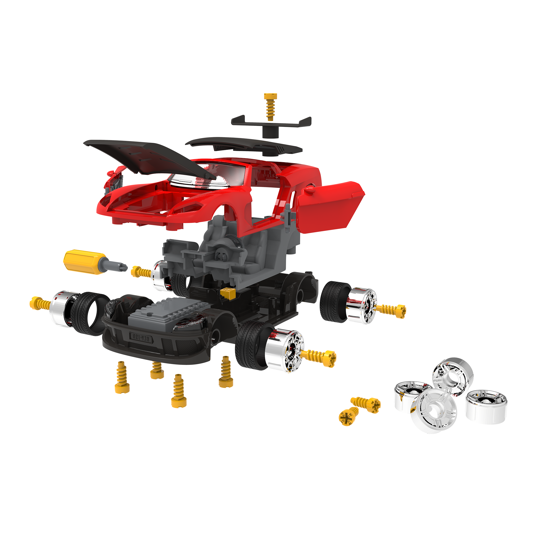 Red take-apart toy sports car with tools and stickers